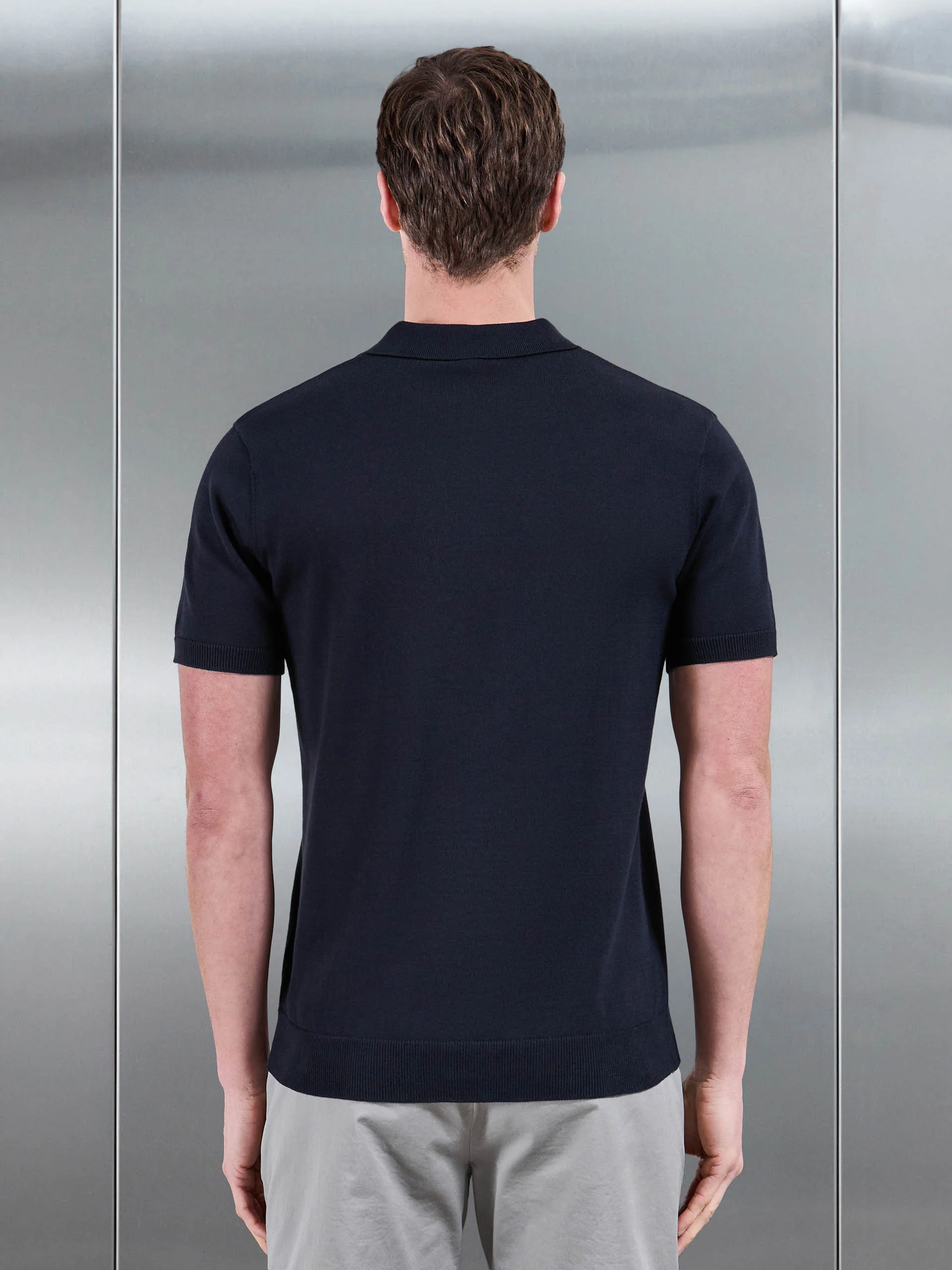 Cotton Knitted Button Polo Shirt in Navy - Image 3