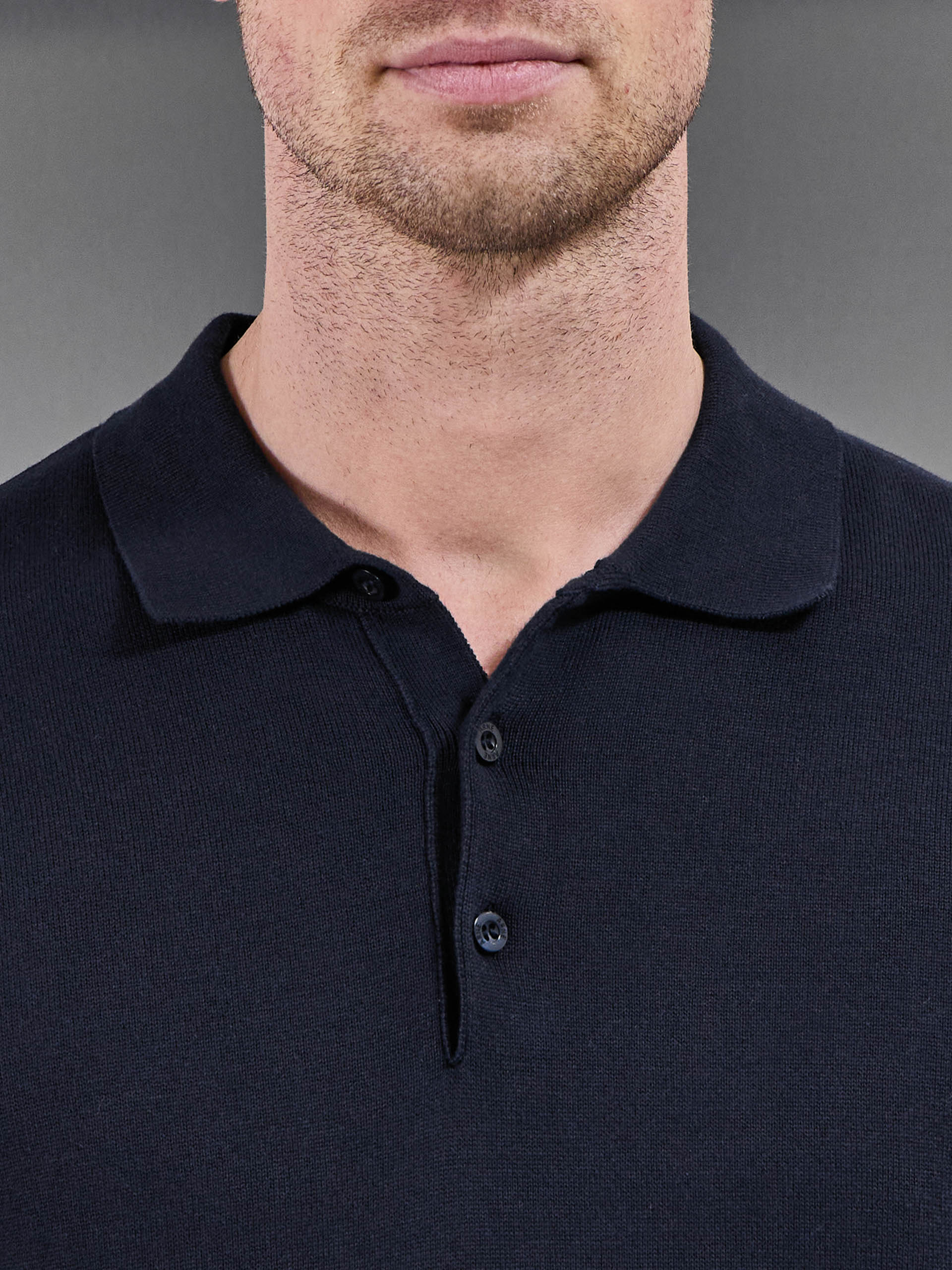 Cotton Knitted Button Polo Shirt in Navy - Image 4