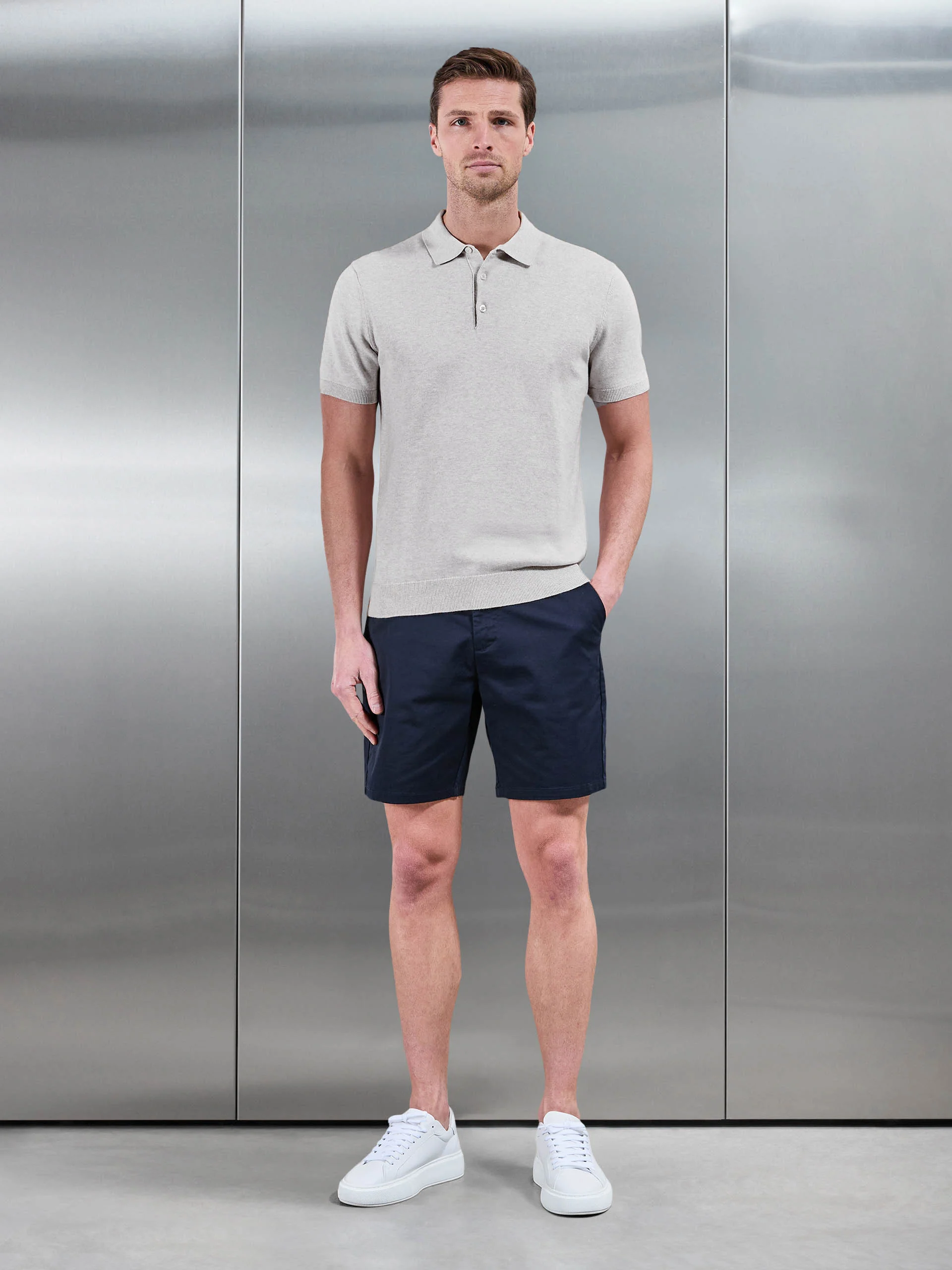 Cotton Knitted Button Polo Shirt in Oatmeal - Image 2