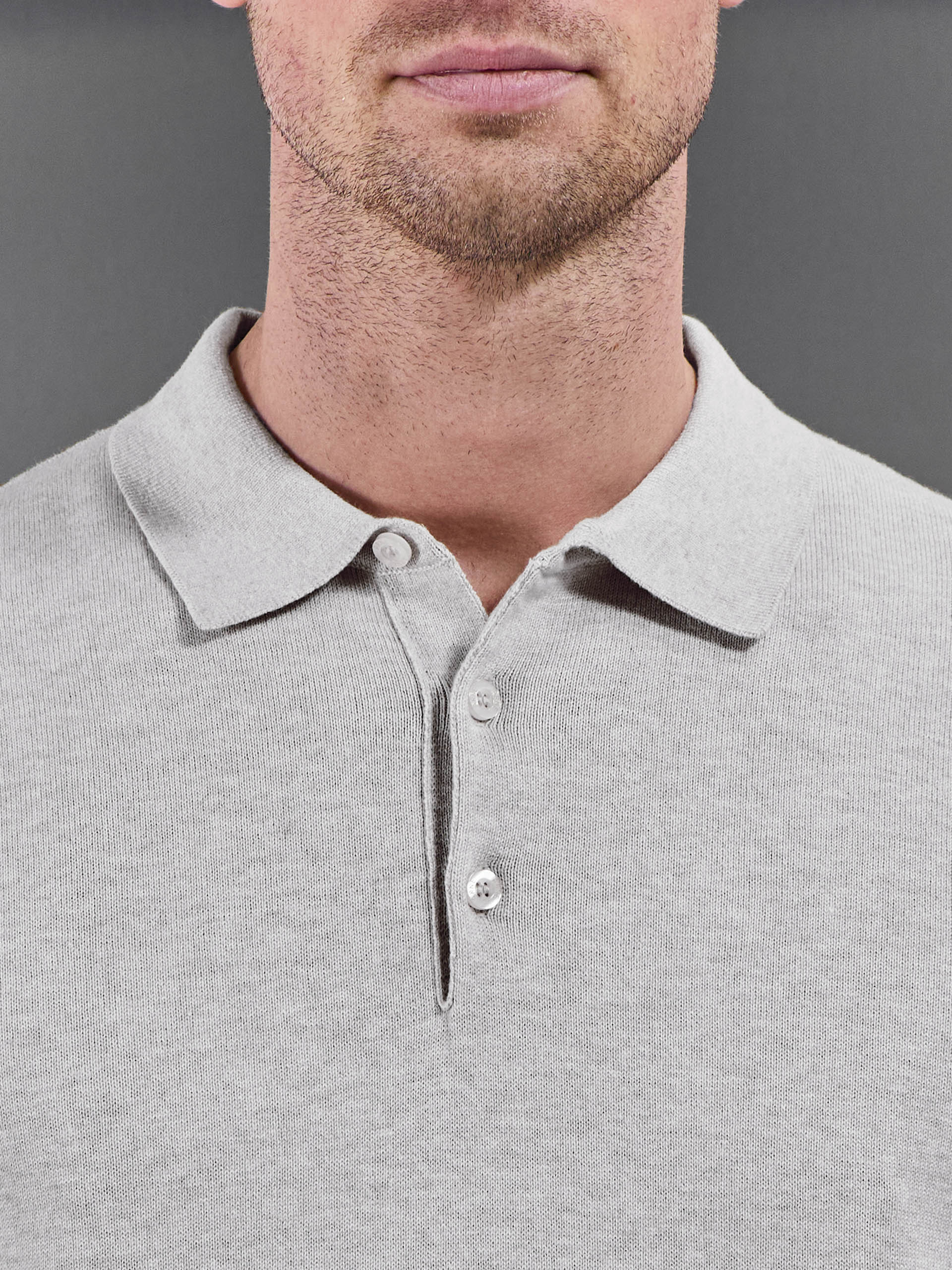 Cotton Knitted Button Polo Shirt in Oatmeal - Image 3