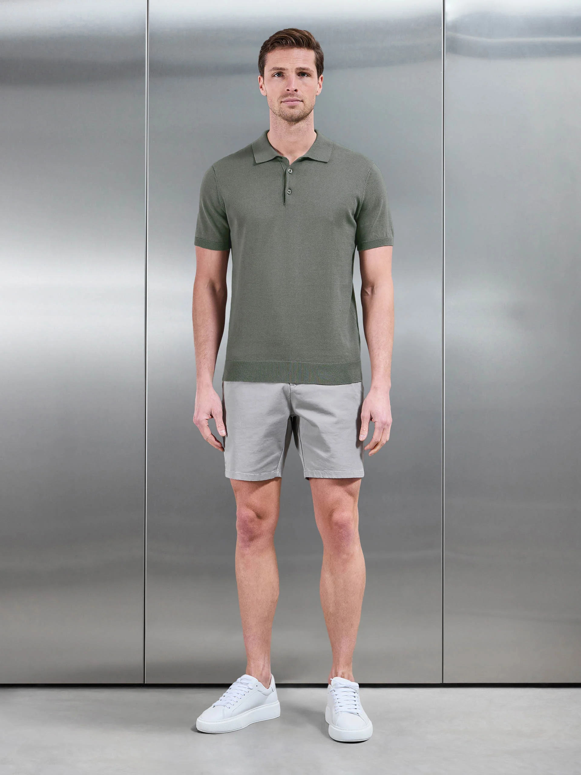 Cotton Knitted Button Polo Shirt in Sage - Image 2
