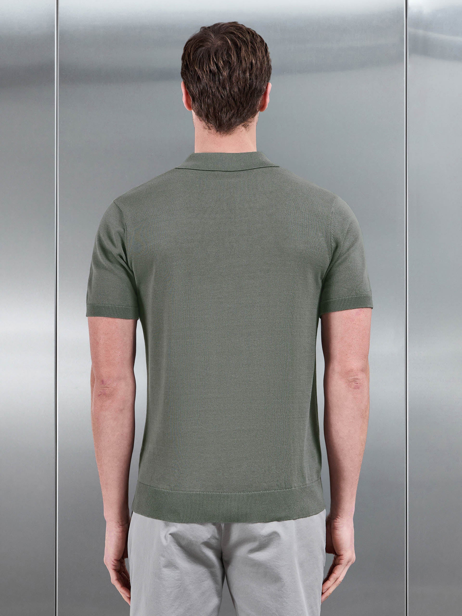 Cotton Knitted Button Polo Shirt in Sage - Image 3