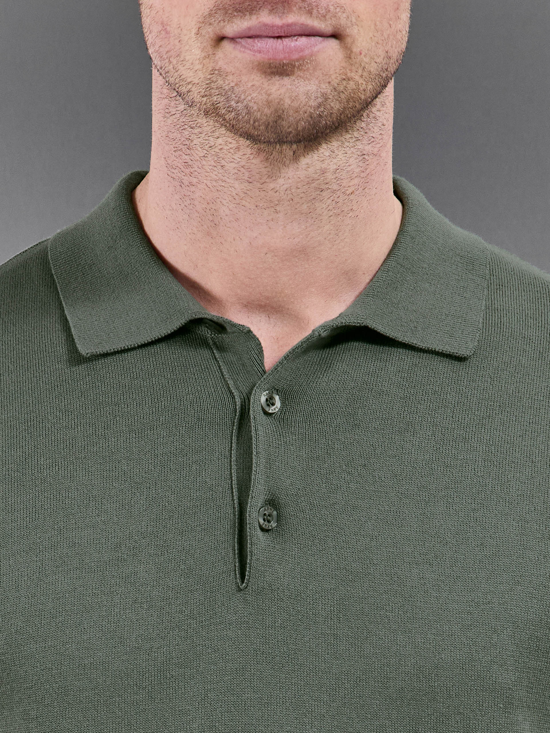 Cotton Knitted Button Polo Shirt in Sage - Image 4