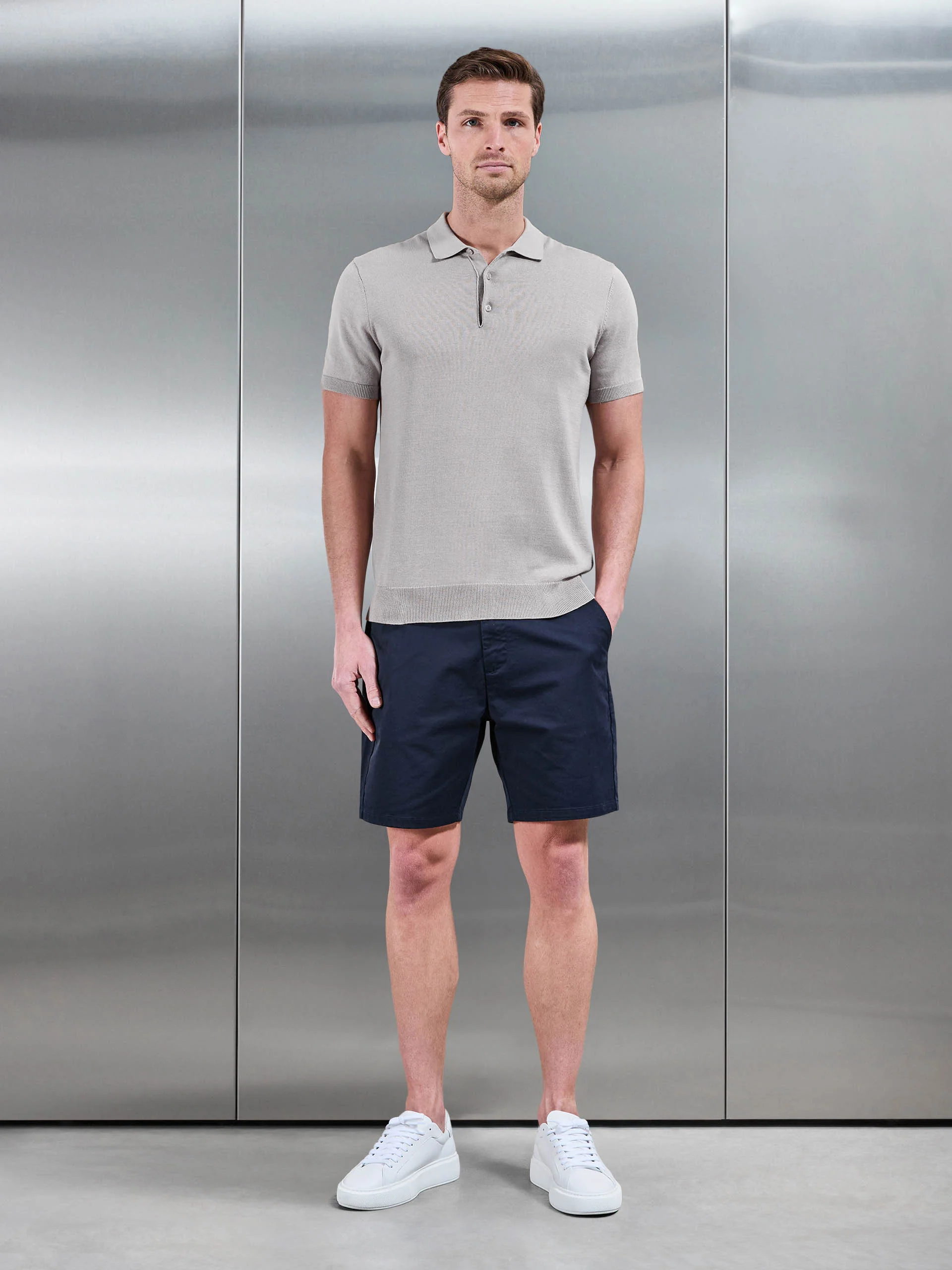 Cotton Knitted Button Polo Shirt in Stone - Image 2