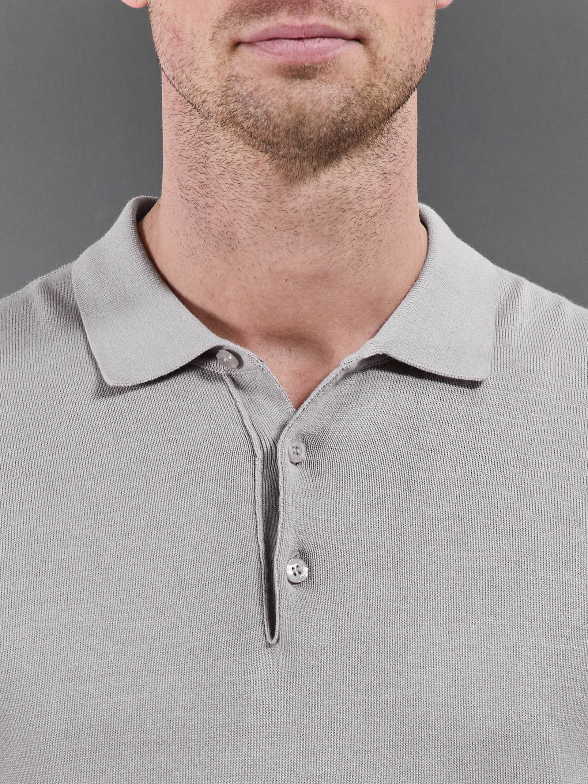 Cotton Knitted Button Polo Shirt in Stone - Image 3