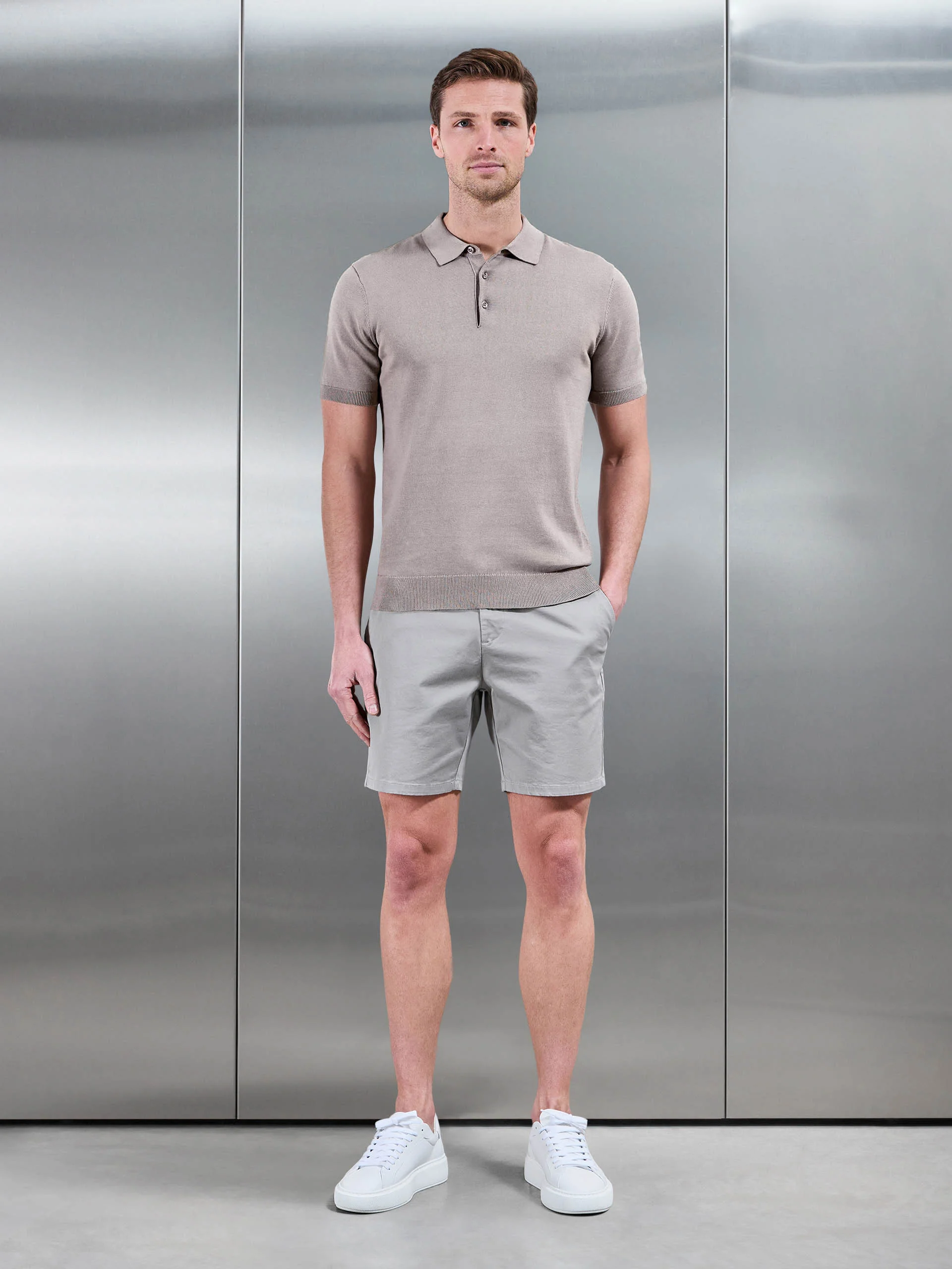Cotton Knitted Button Polo Shirt in Taupe - Image 2
