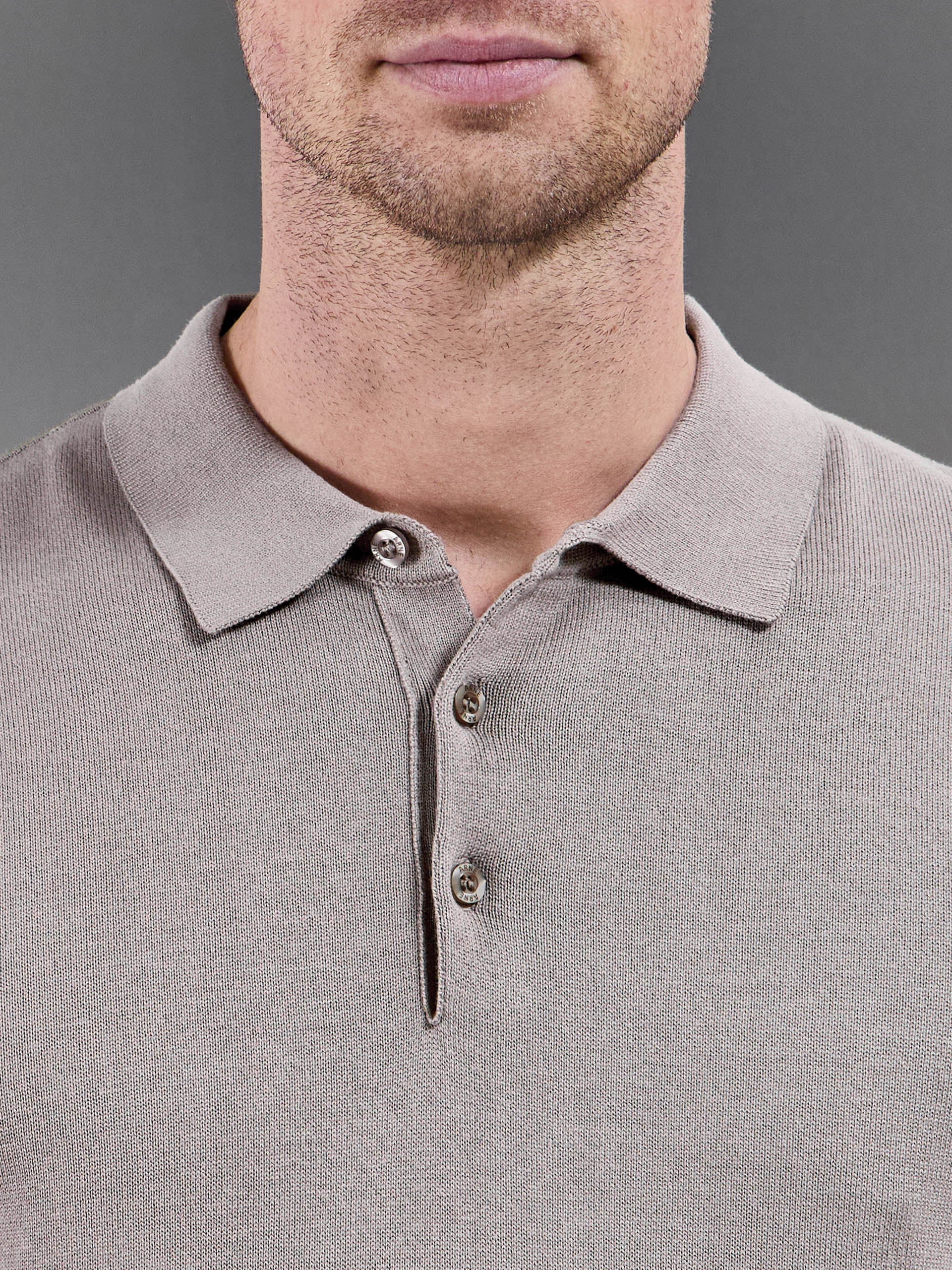 Cotton Knitted Button Polo Shirt in Taupe - Image 3