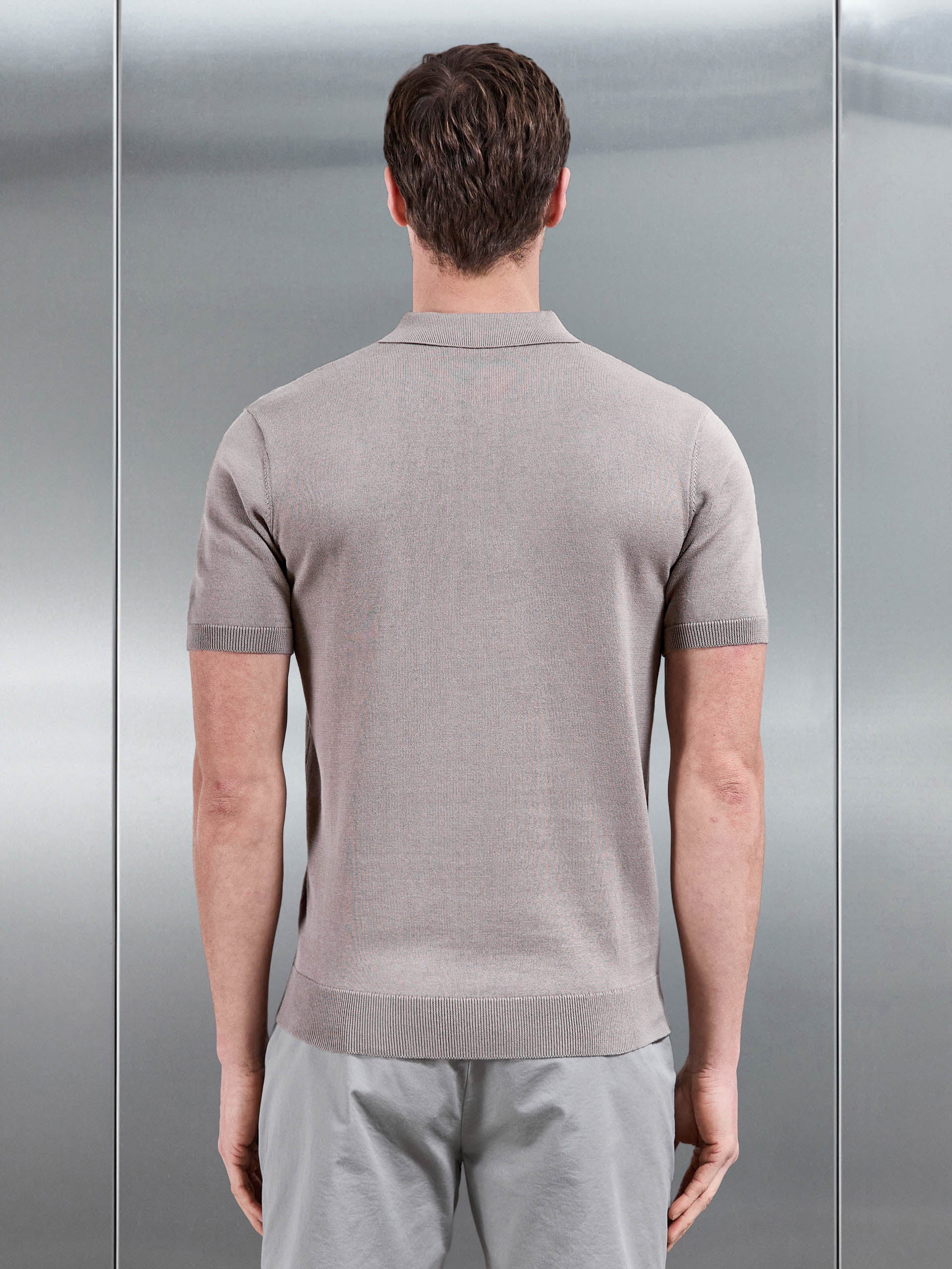 Cotton Knitted Button Polo Shirt in Taupe - Image 4