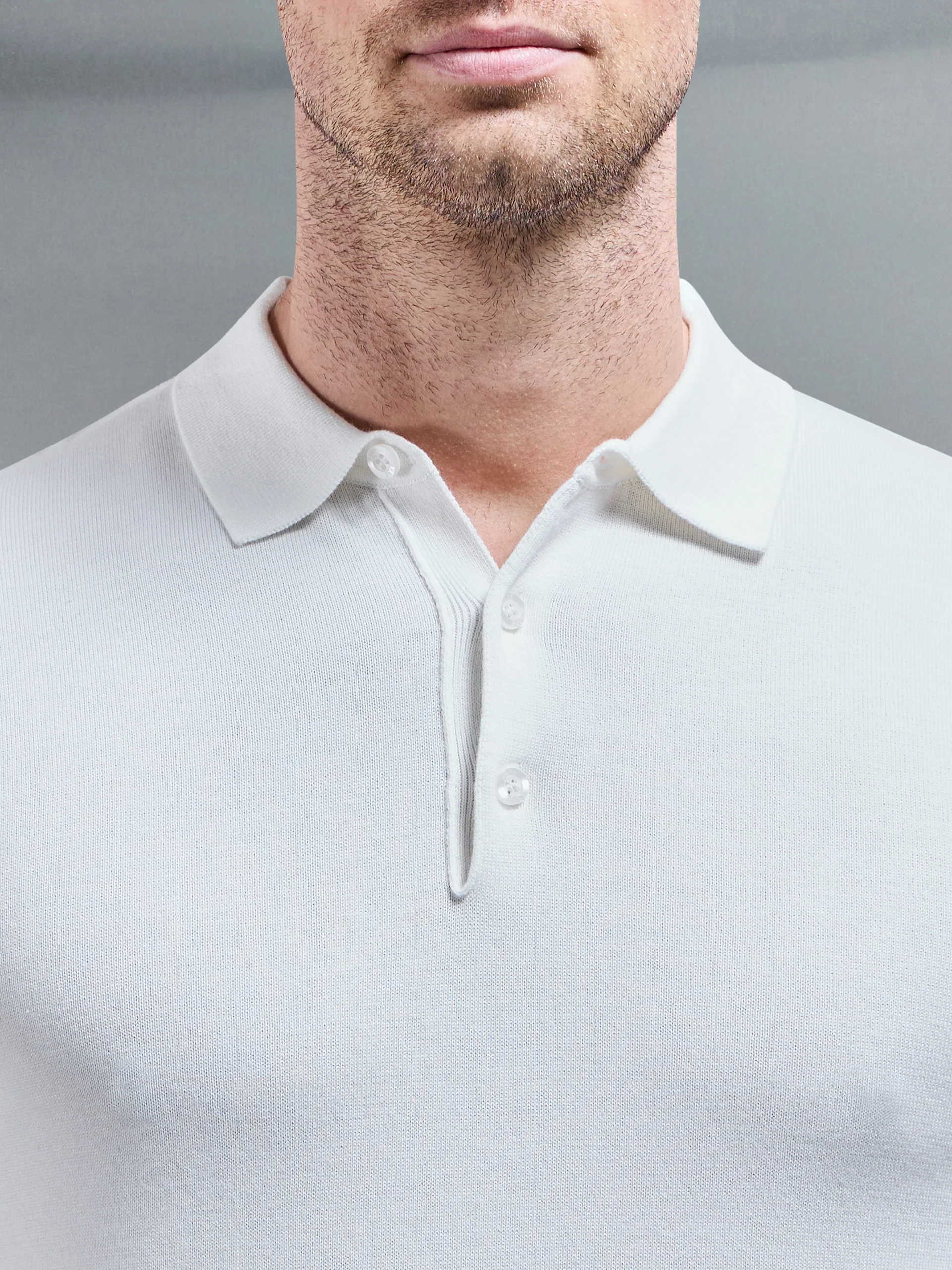Cotton Knitted Button Polo Shirt in White - Image 3