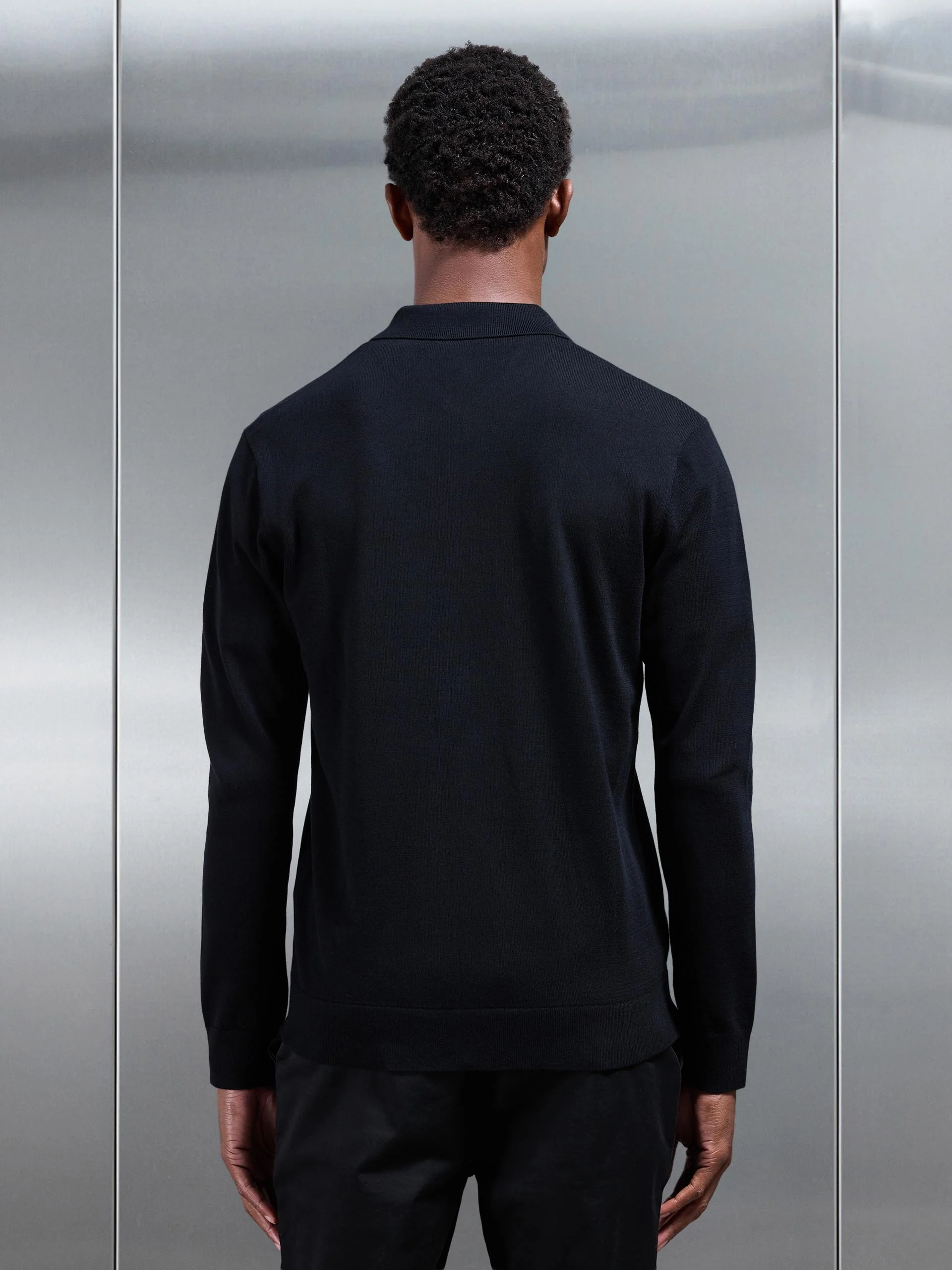 Cotton Knitted Button Through Shirt in Black - Image 3