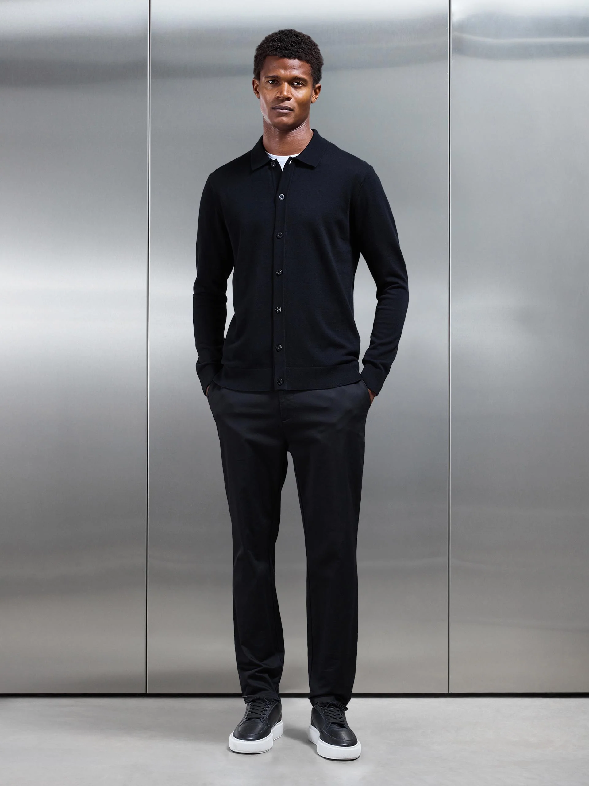Cotton Knitted Button Through Shirt in Black - Image 5
