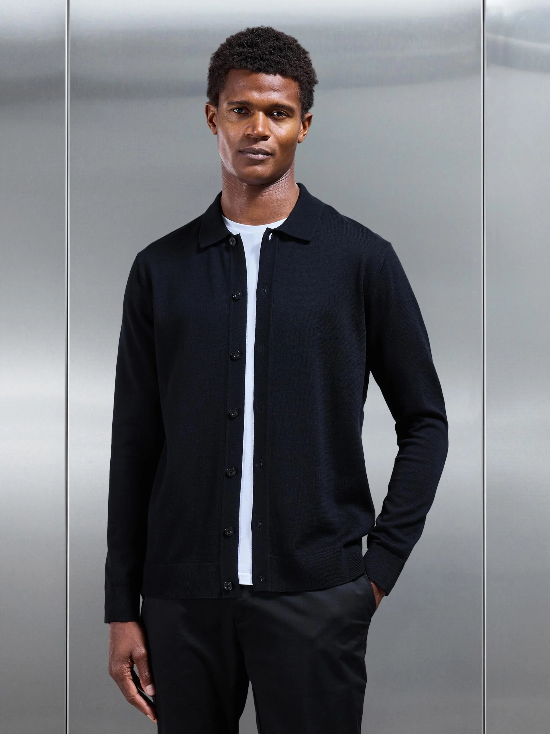 Cotton Knitted Button Through Shirt in Black - Image 6