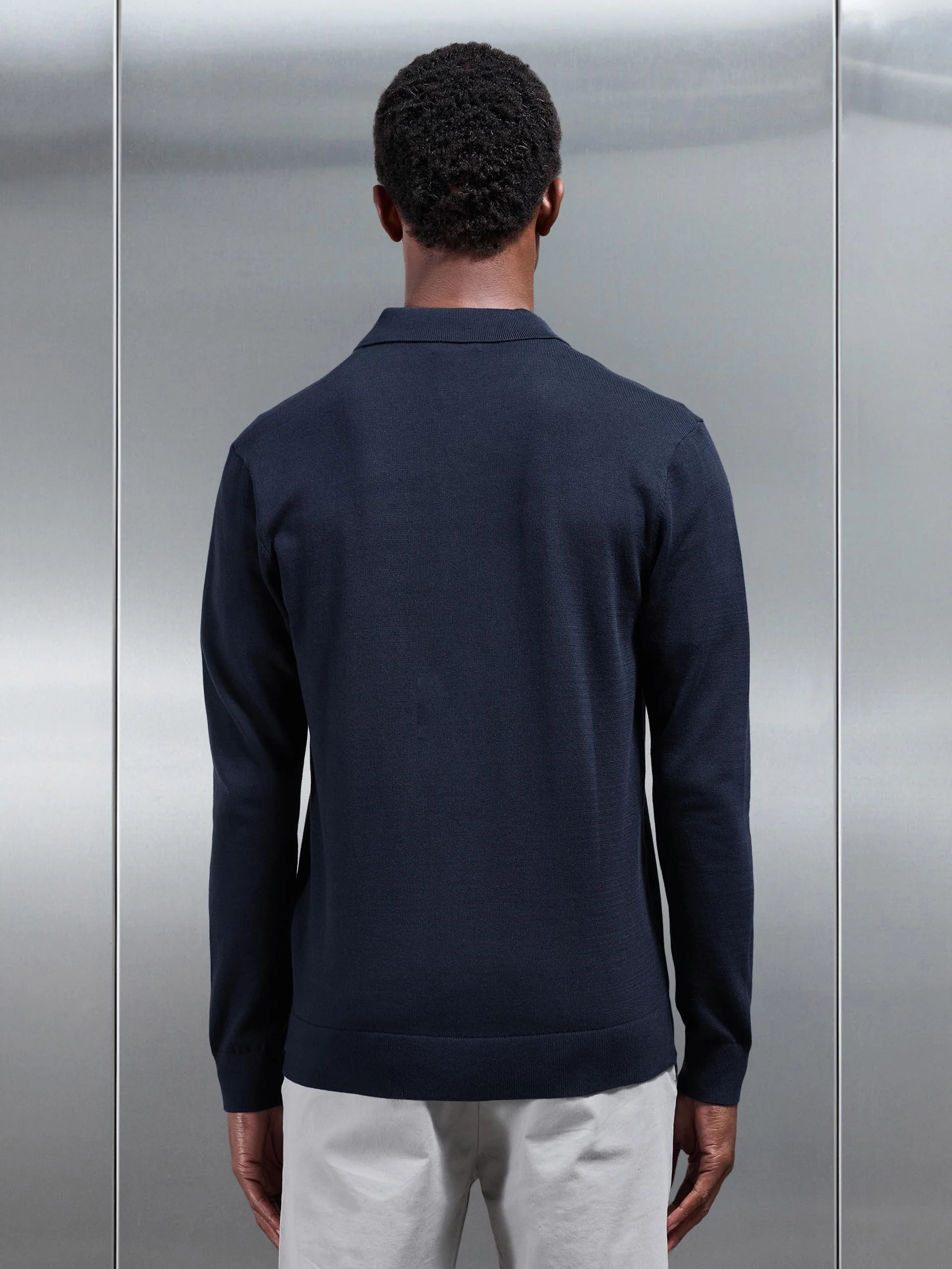 Cotton Knitted Button Through Shirt in Navy - Image 3