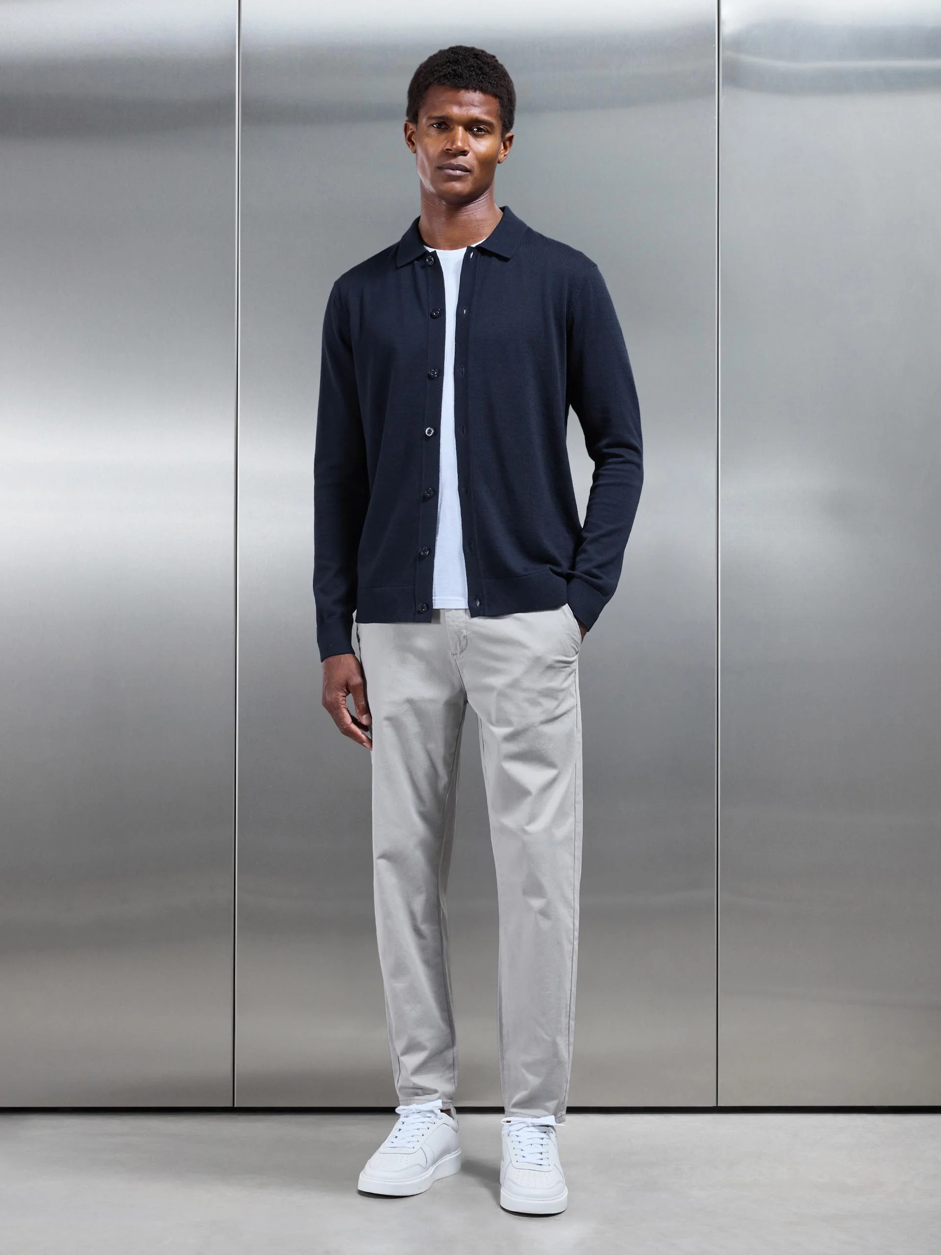 Cotton Knitted Button Through Shirt in Navy - Image 5