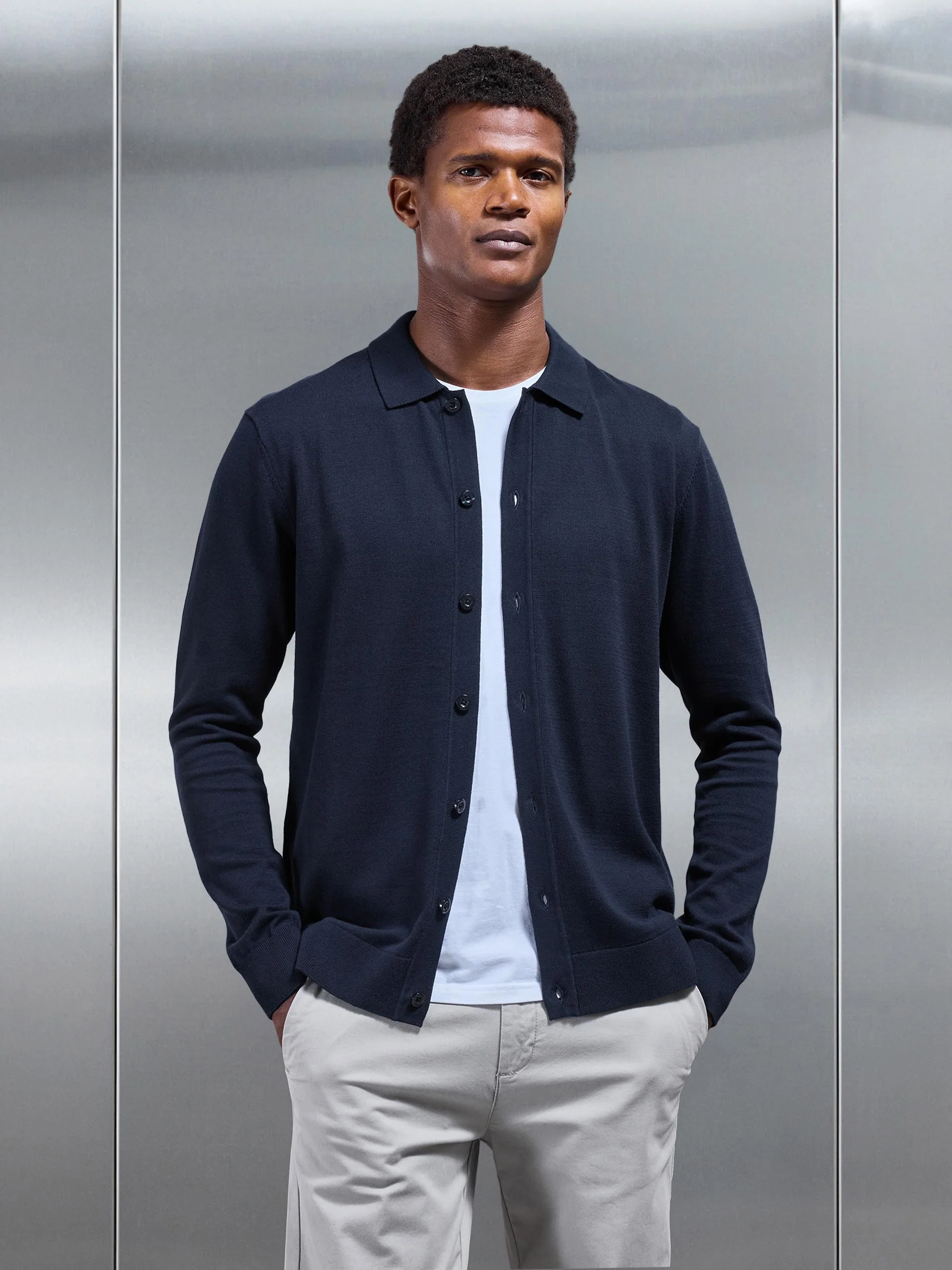 Cotton Knitted Button Through Shirt in Navy - Image 6