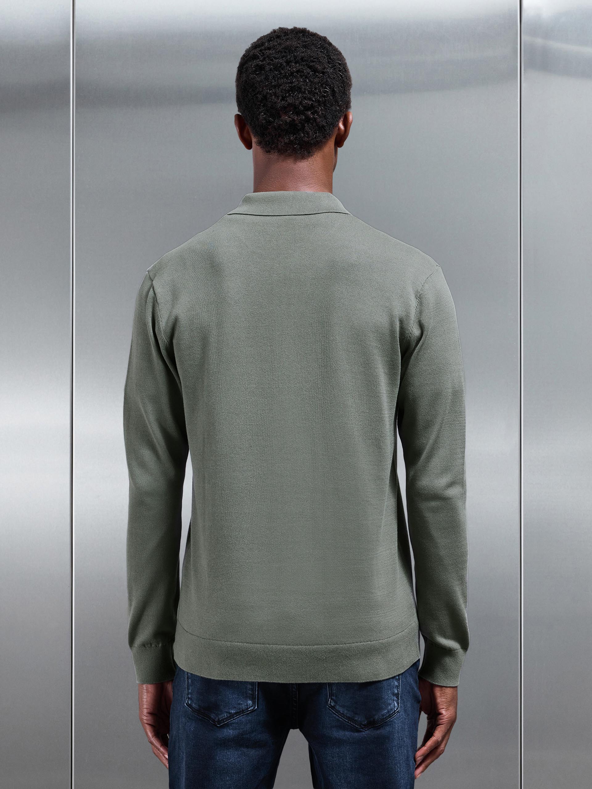 Cotton Knitted Button Through Shirt in Sage - Image 3