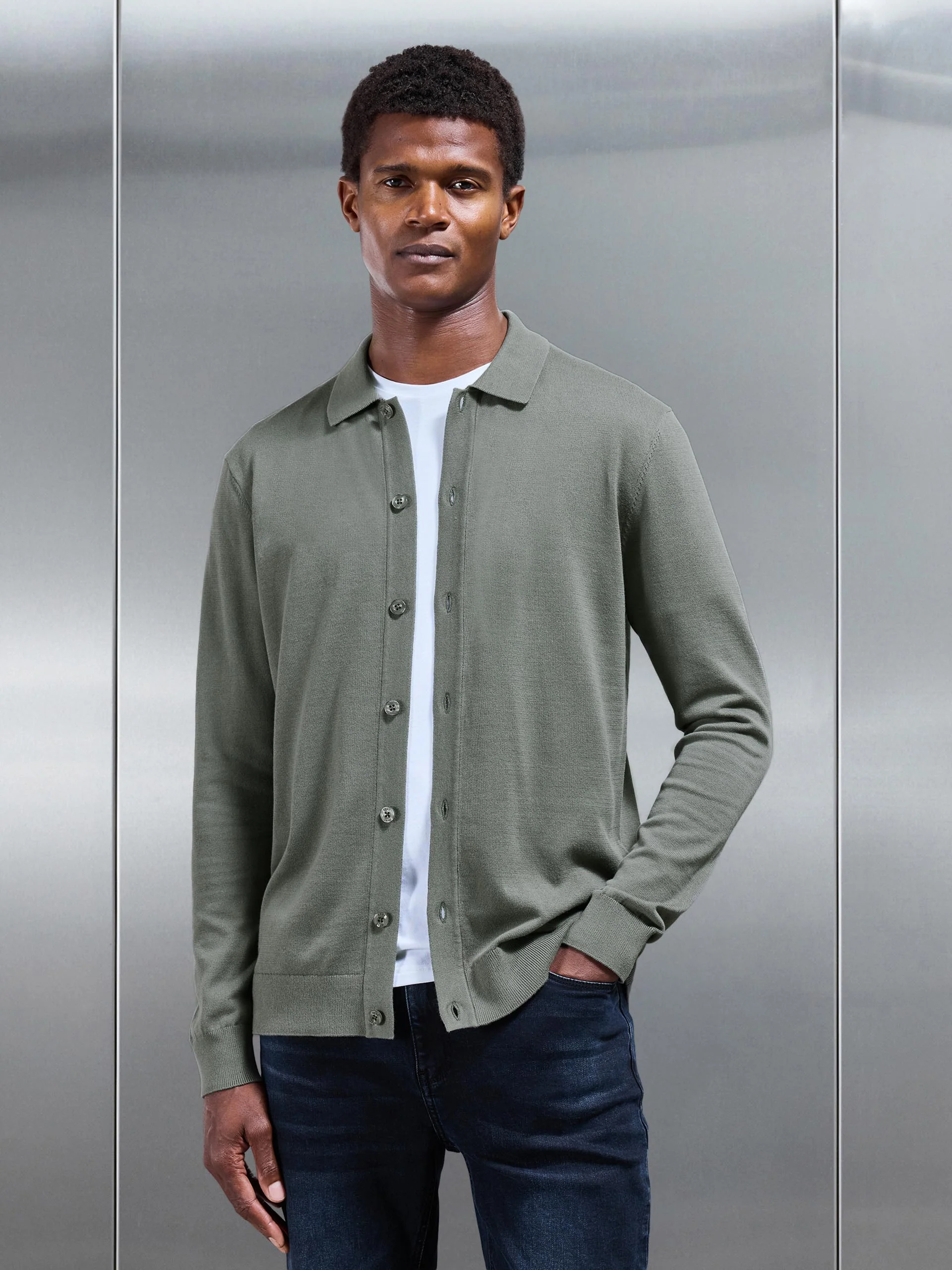 Cotton Knitted Button Through Shirt in Sage - Image 5