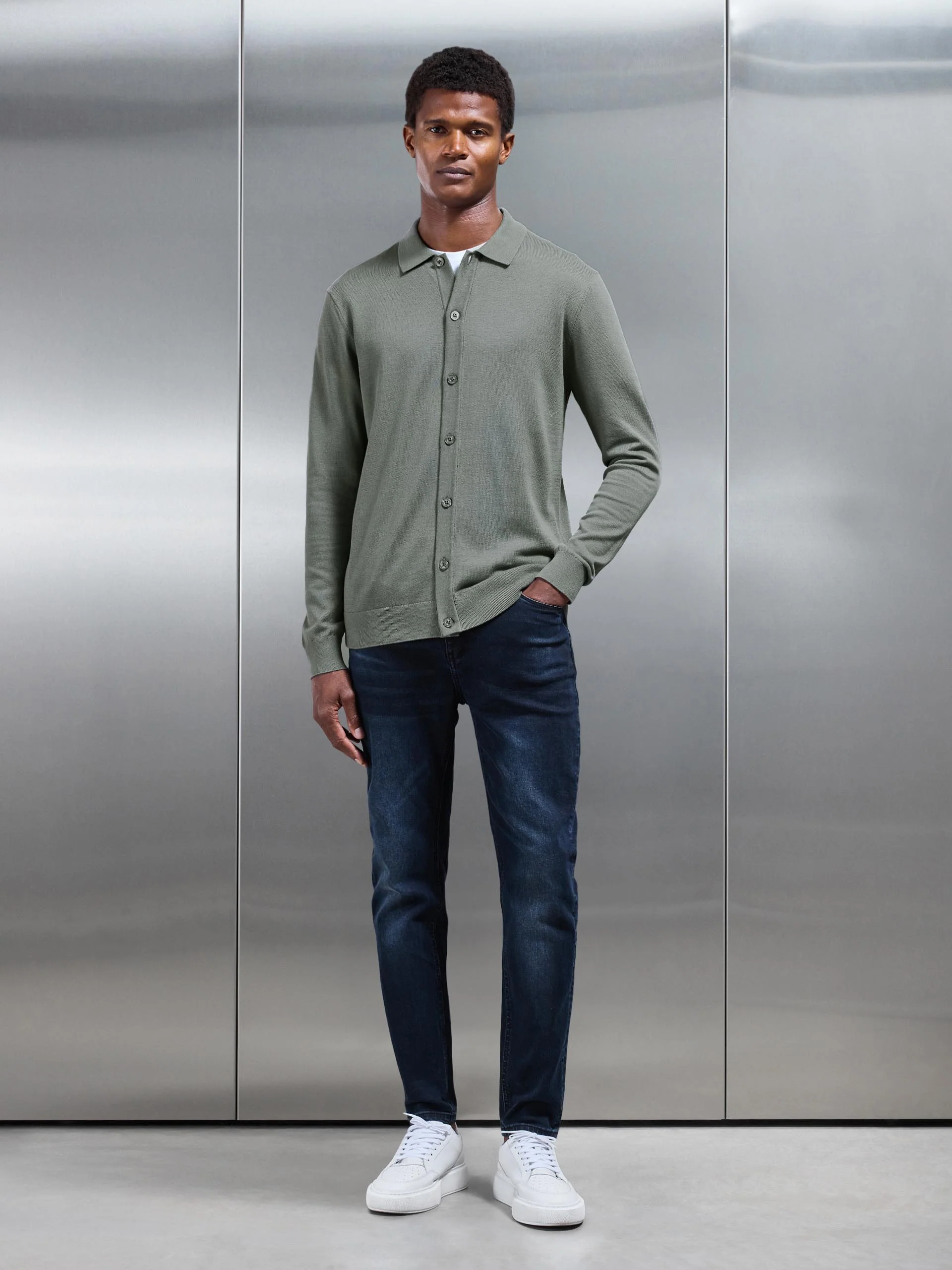 Cotton Knitted Button Through Shirt in Sage - Image 6
