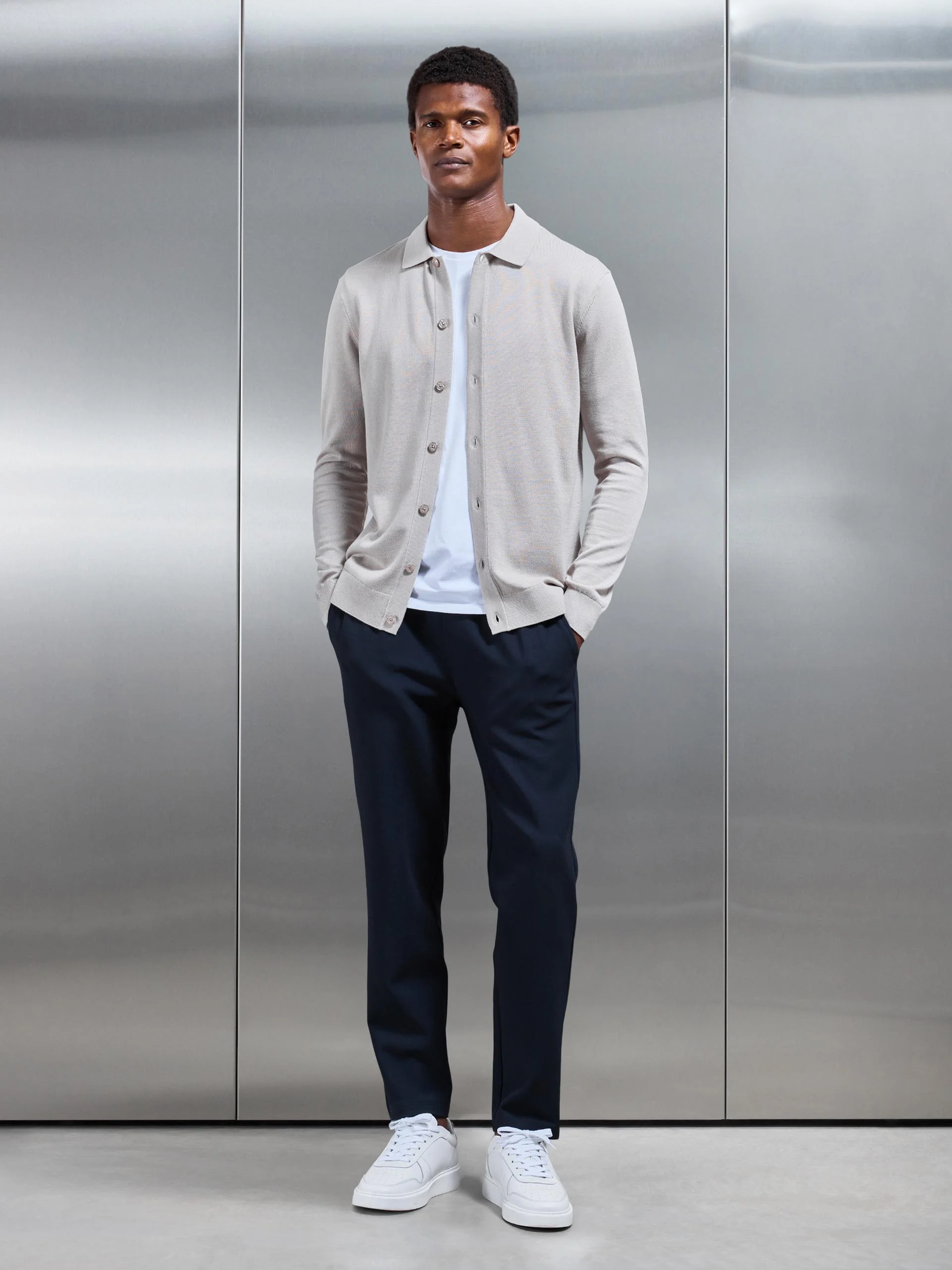 Cotton Knitted Button Through Shirt in Stone - Image 5