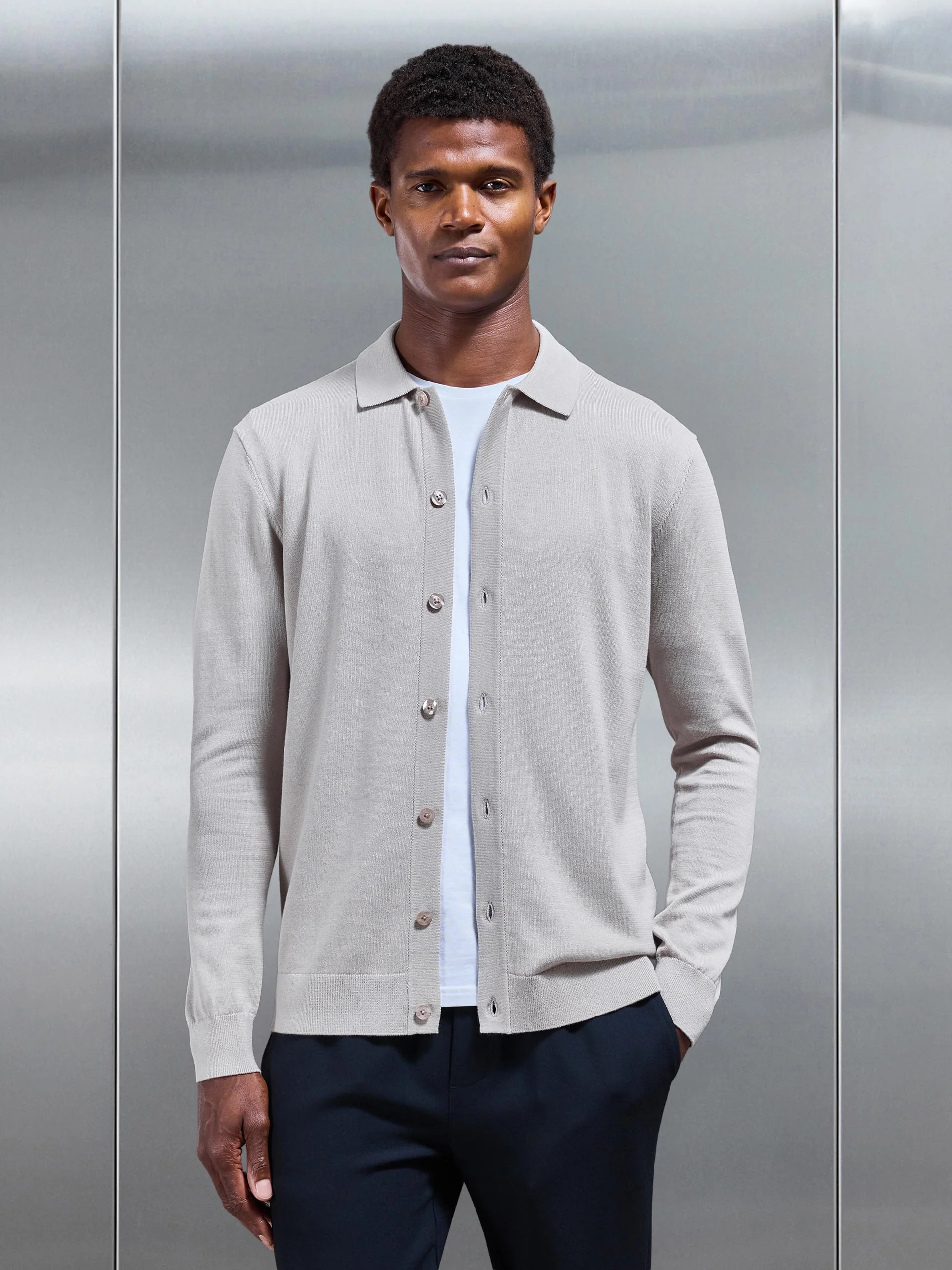 Cotton Knitted Button Through Shirt in Stone - Image 6