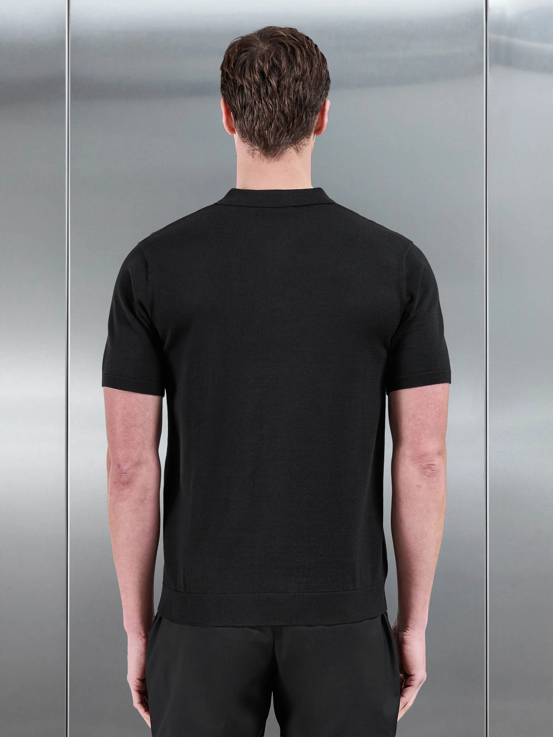 Cotton Knitted Button Through Short Sleeve Shirt in Black - Image 3