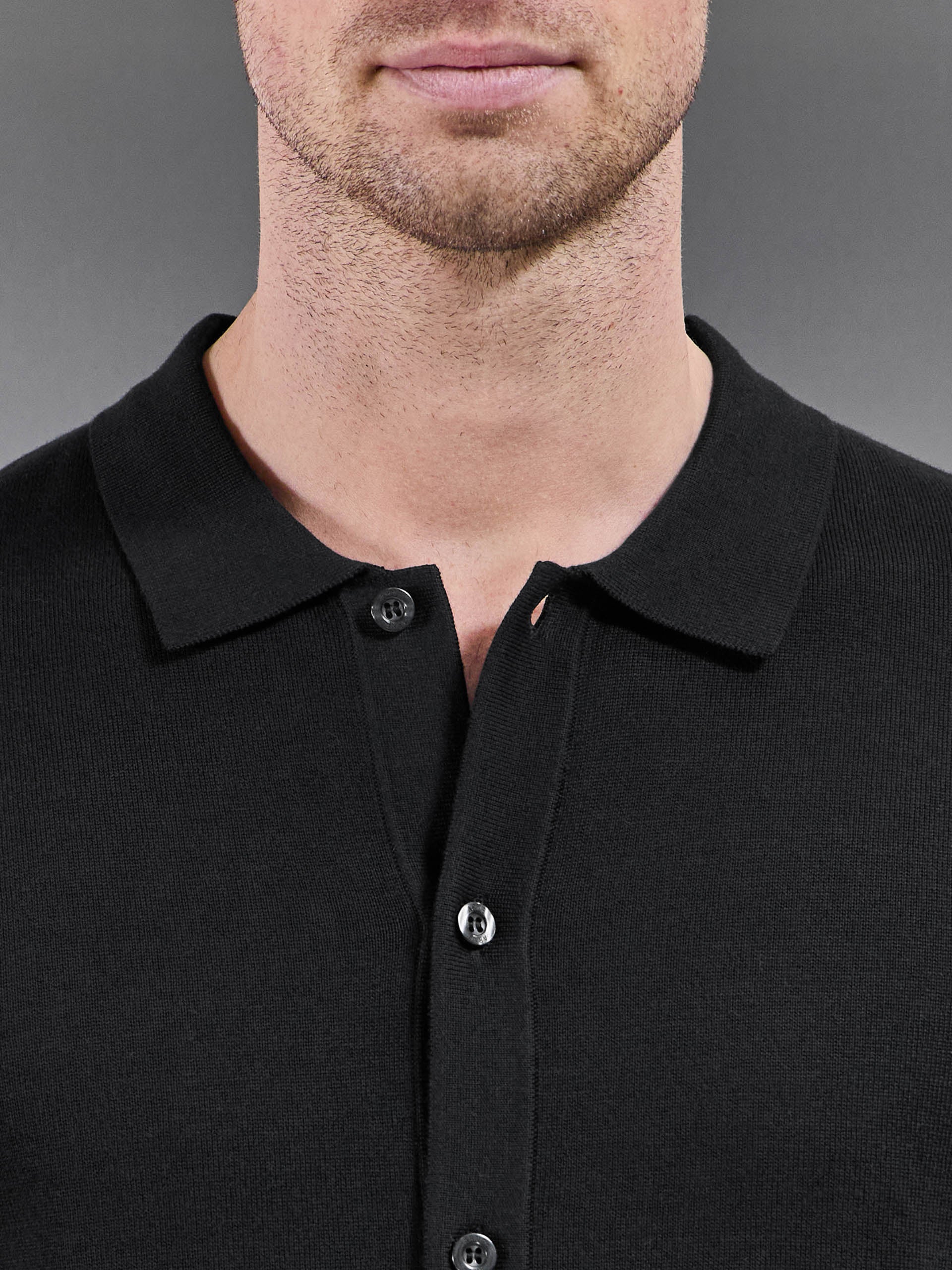 Cotton Knitted Button Through Short Sleeve Shirt in Black - Image 4