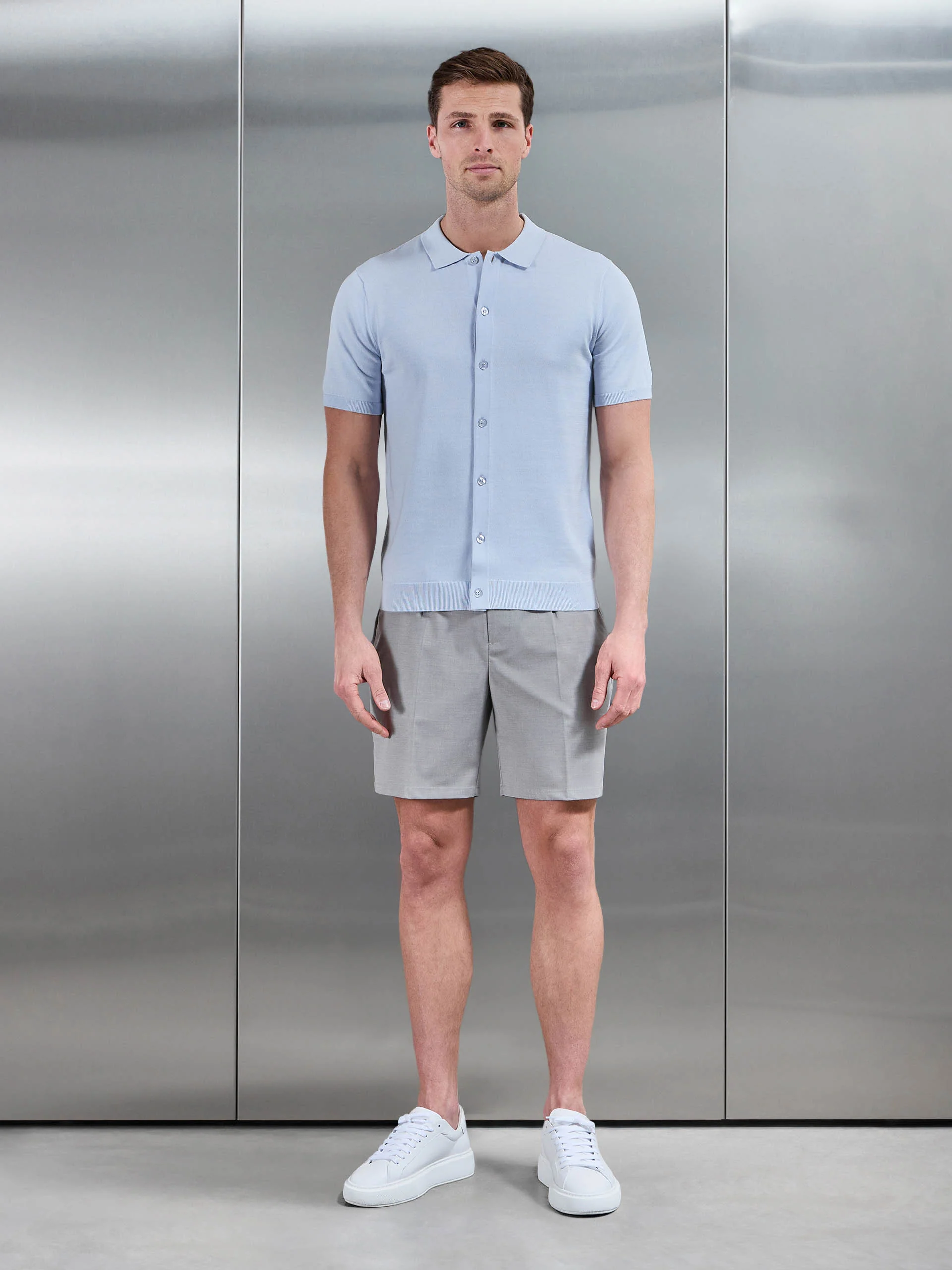 Cotton Knitted Button Through Short Sleeve Shirt in Light Blue - Image 2