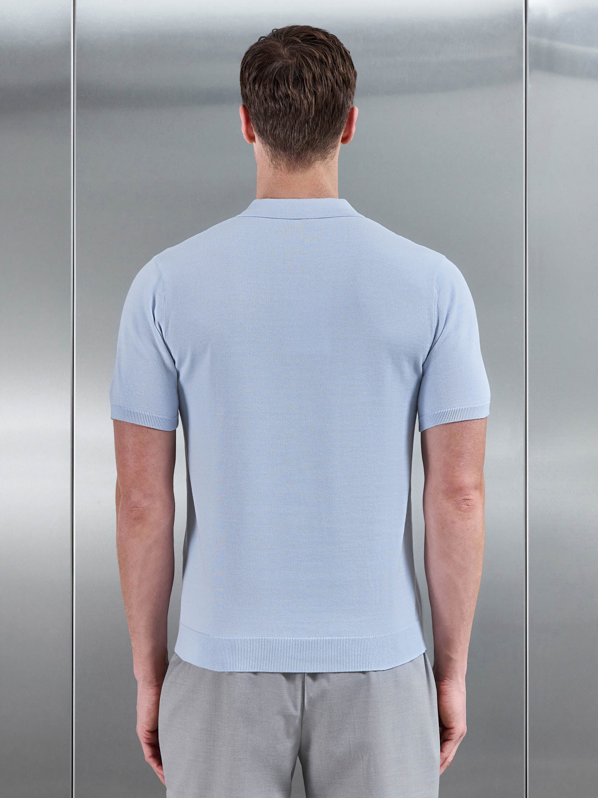 Cotton Knitted Button Through Short Sleeve Shirt in Light Blue - Image 3
