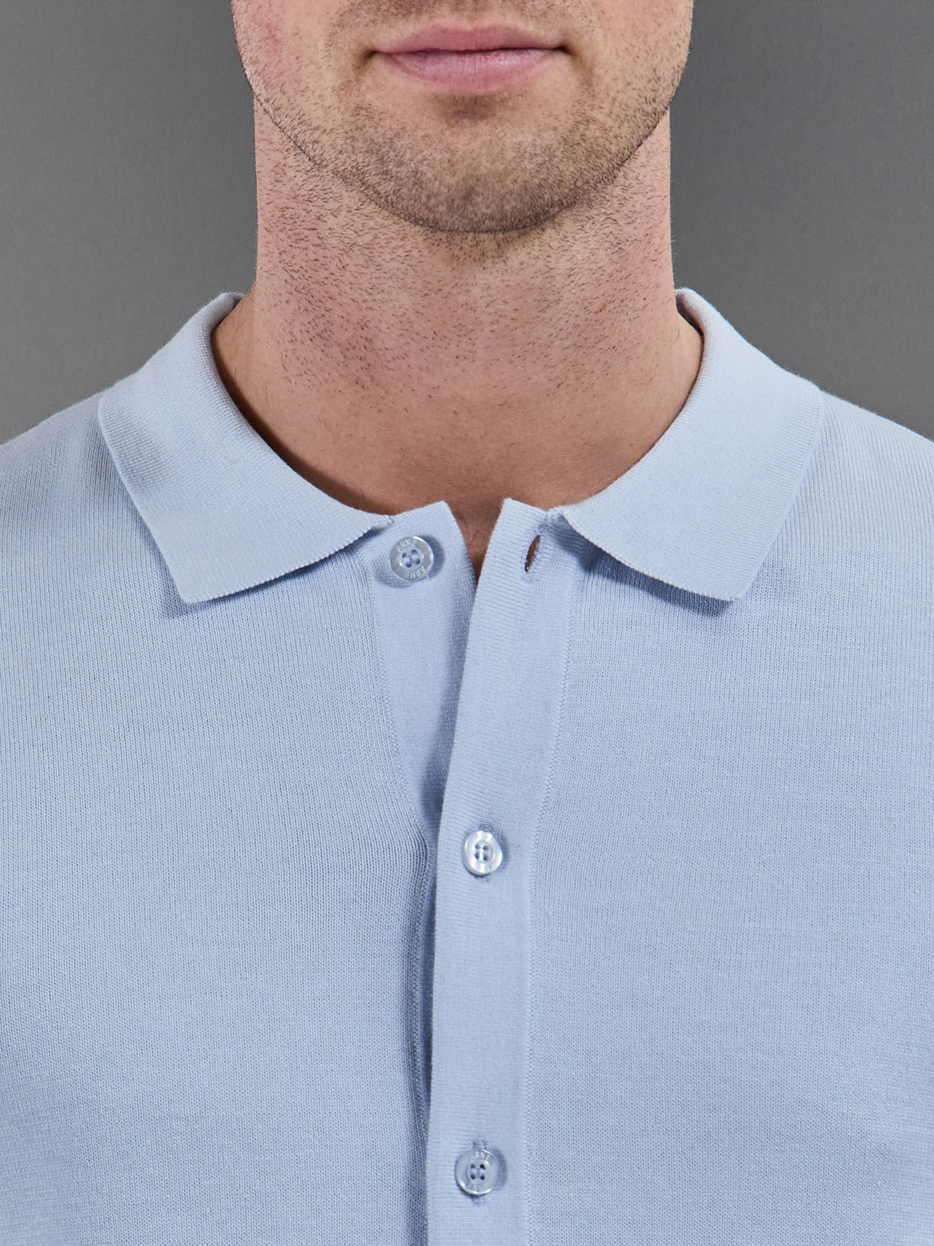 Cotton Knitted Button Through Short Sleeve Shirt in Light Blue - Image 4