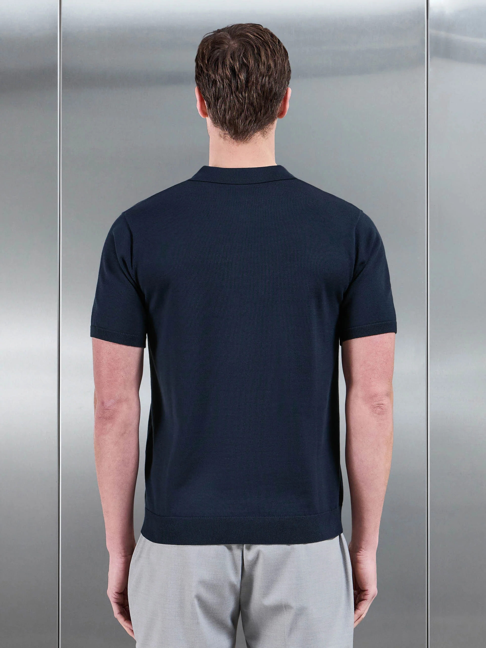 Cotton Knitted Button Through Short Sleeve Shirt in Navy - Image 3