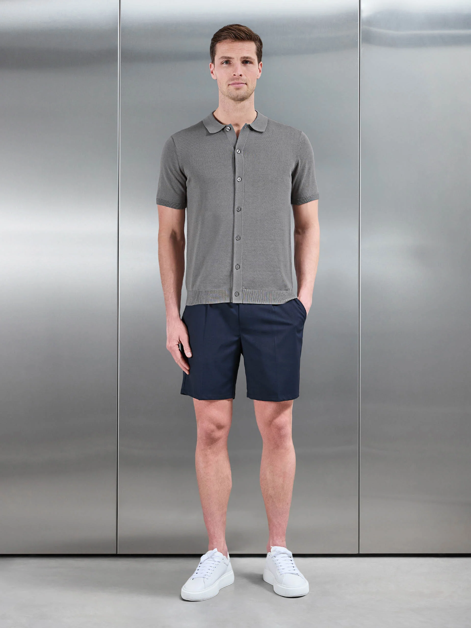 Cotton Knitted Button Through Short Sleeve Shirt in Sage - Image 2