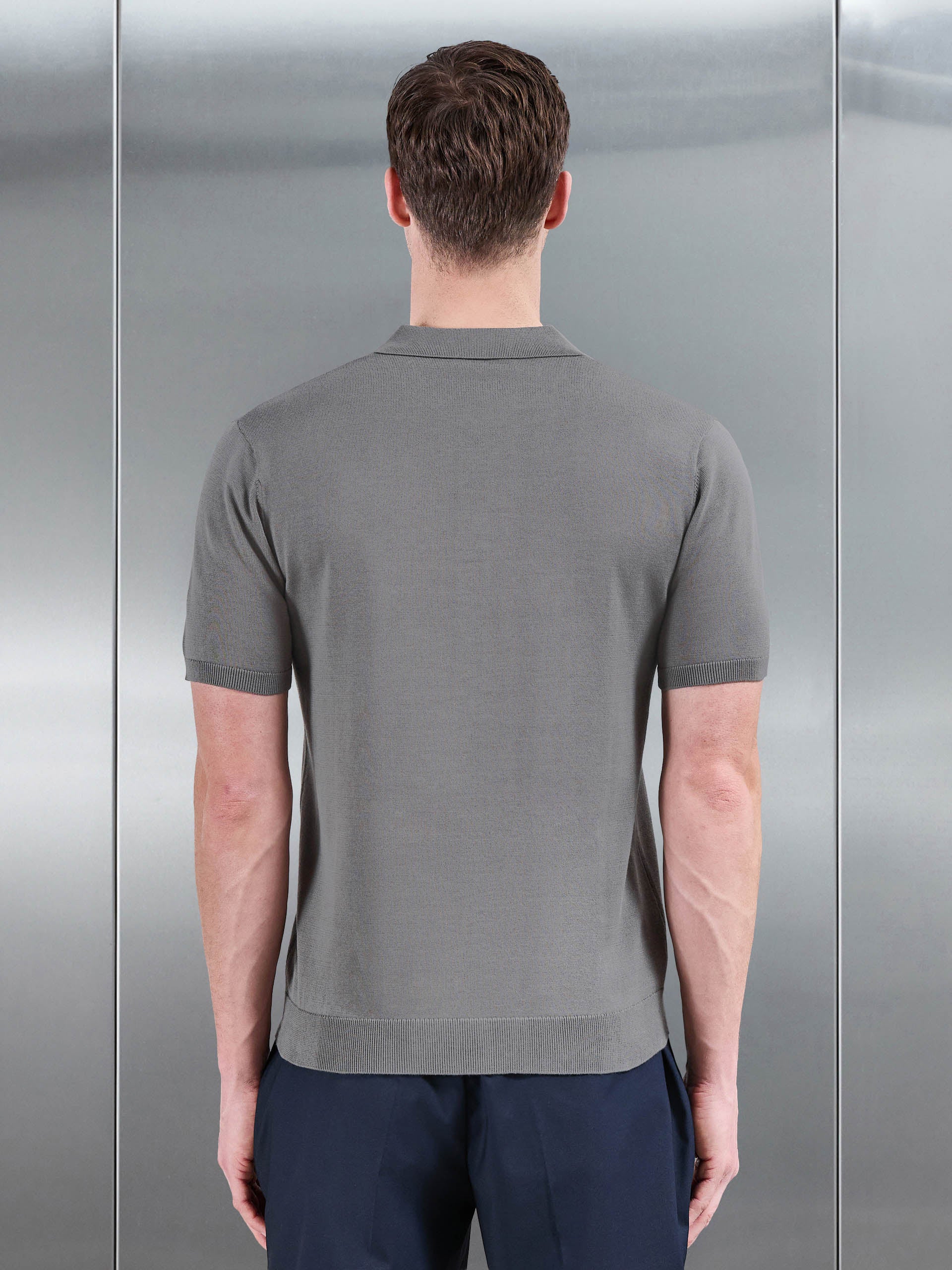 Cotton Knitted Button Through Short Sleeve Shirt in Sage - Image 3