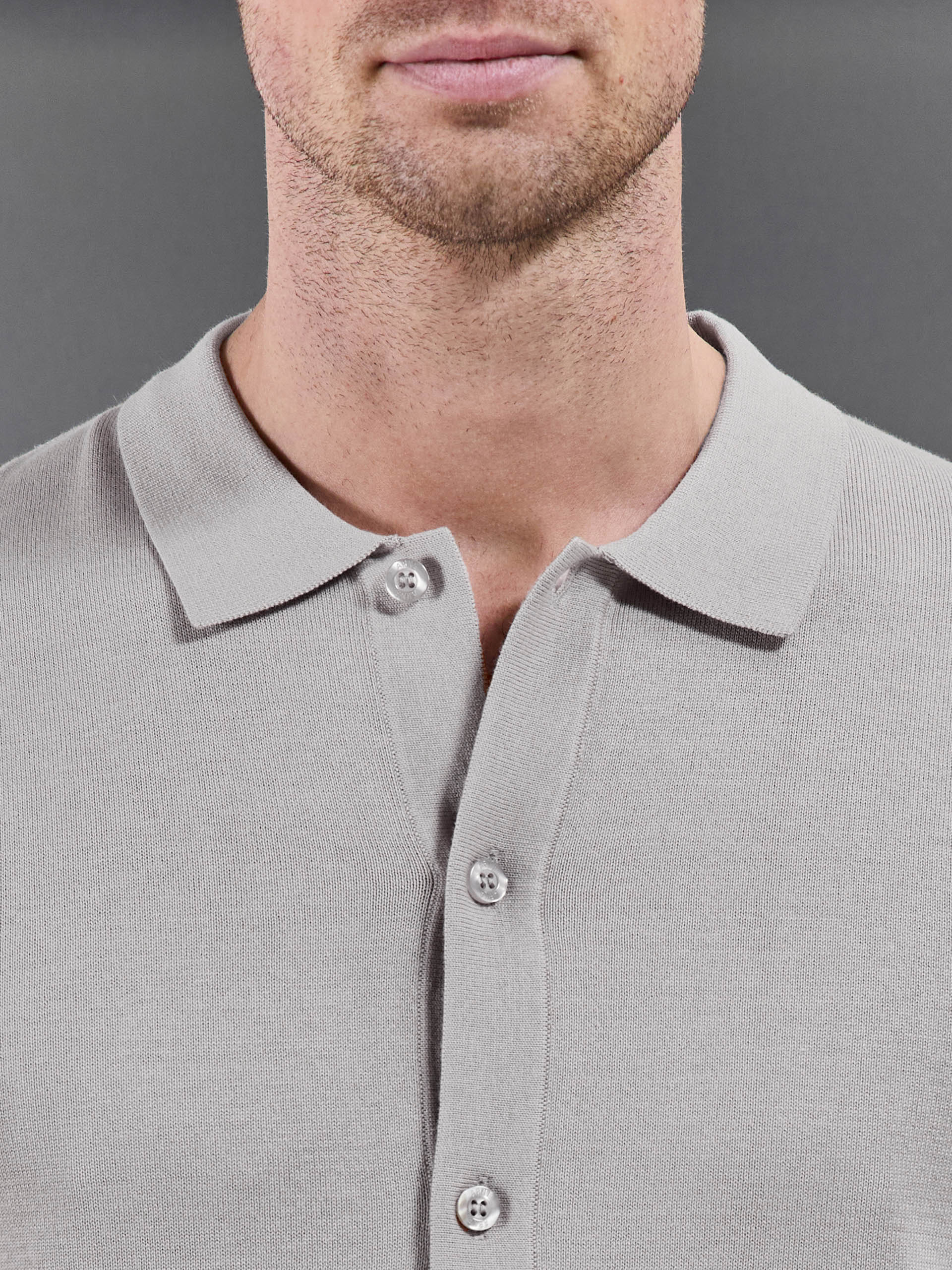 Cotton Knitted Button Through Short Sleeve Shirt in Stone - Image 3