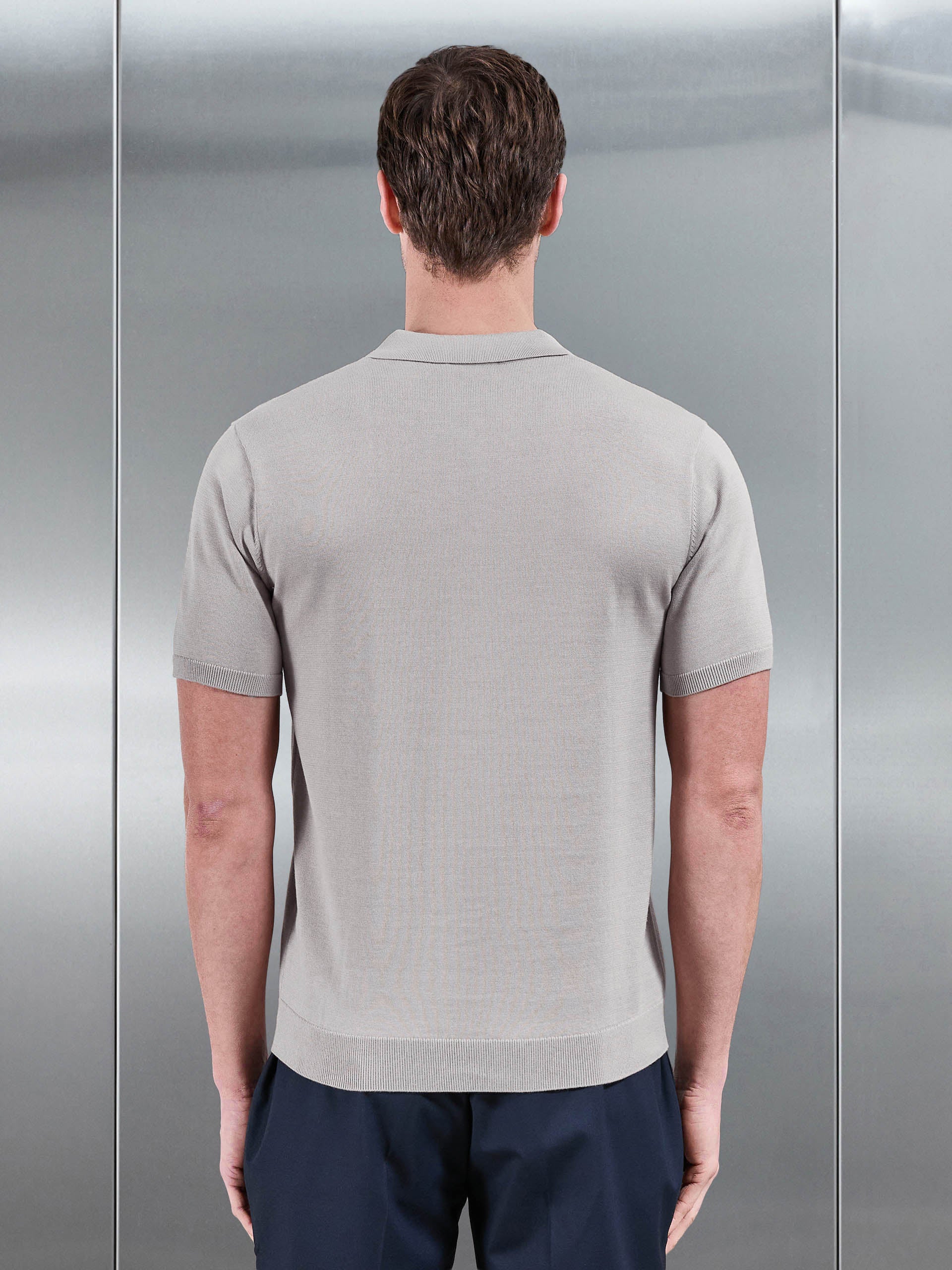 Cotton Knitted Button Through Short Sleeve Shirt in Stone - Image 4