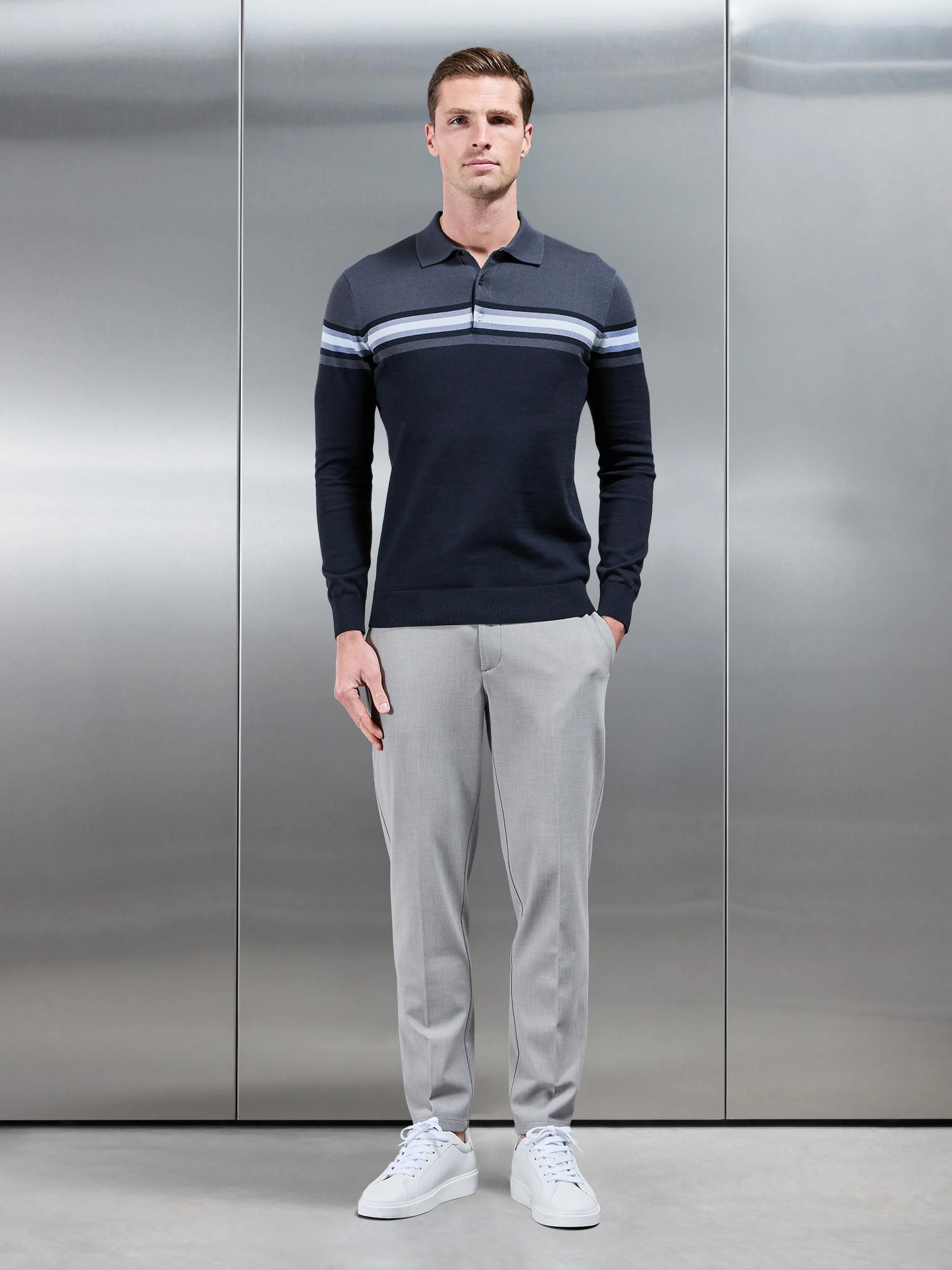 Cotton Knitted Colour Block Button Polo Shirt in Navy - Image 3