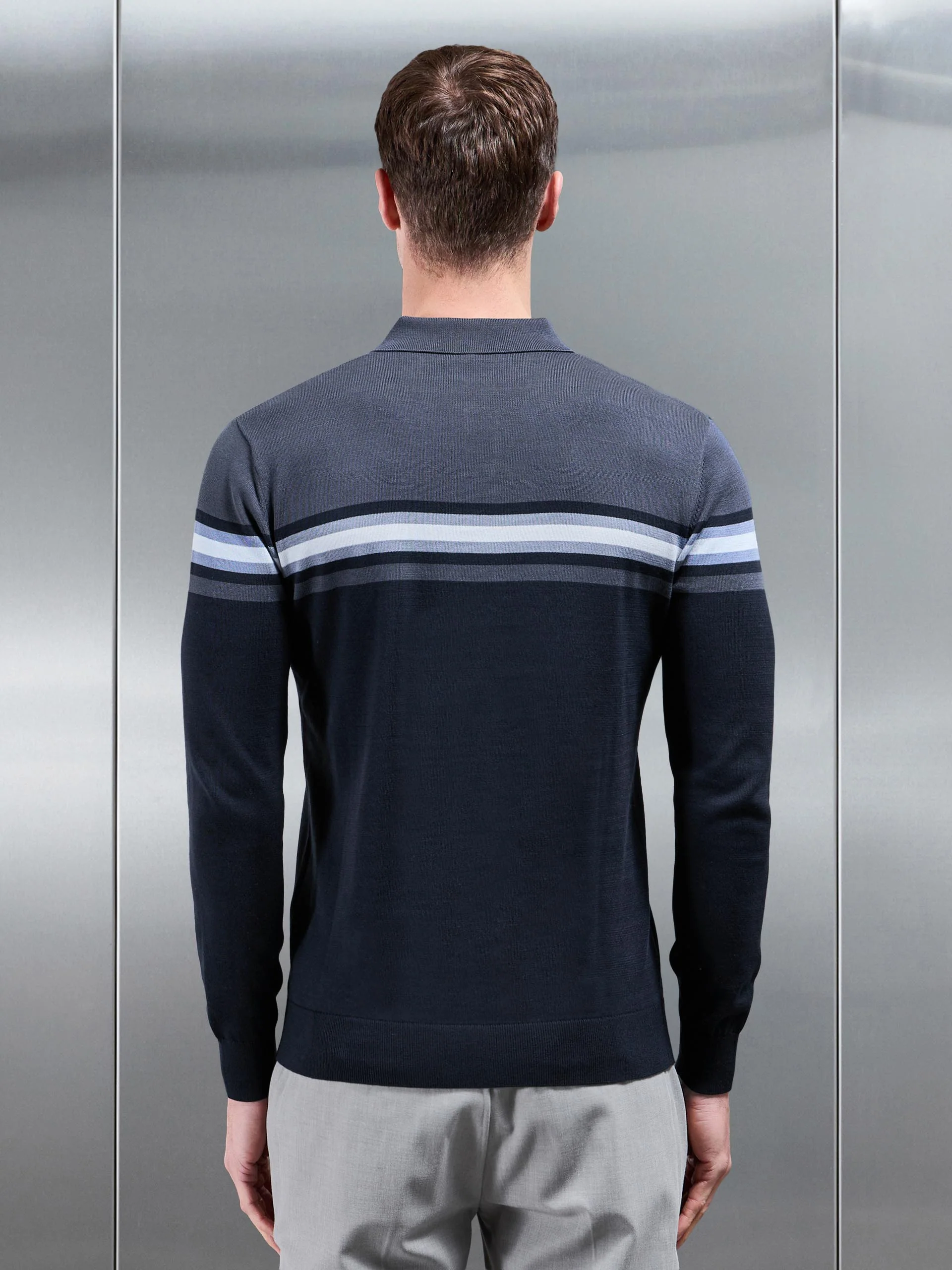 Cotton Knitted Colour Block Button Polo Shirt in Navy - Image 4