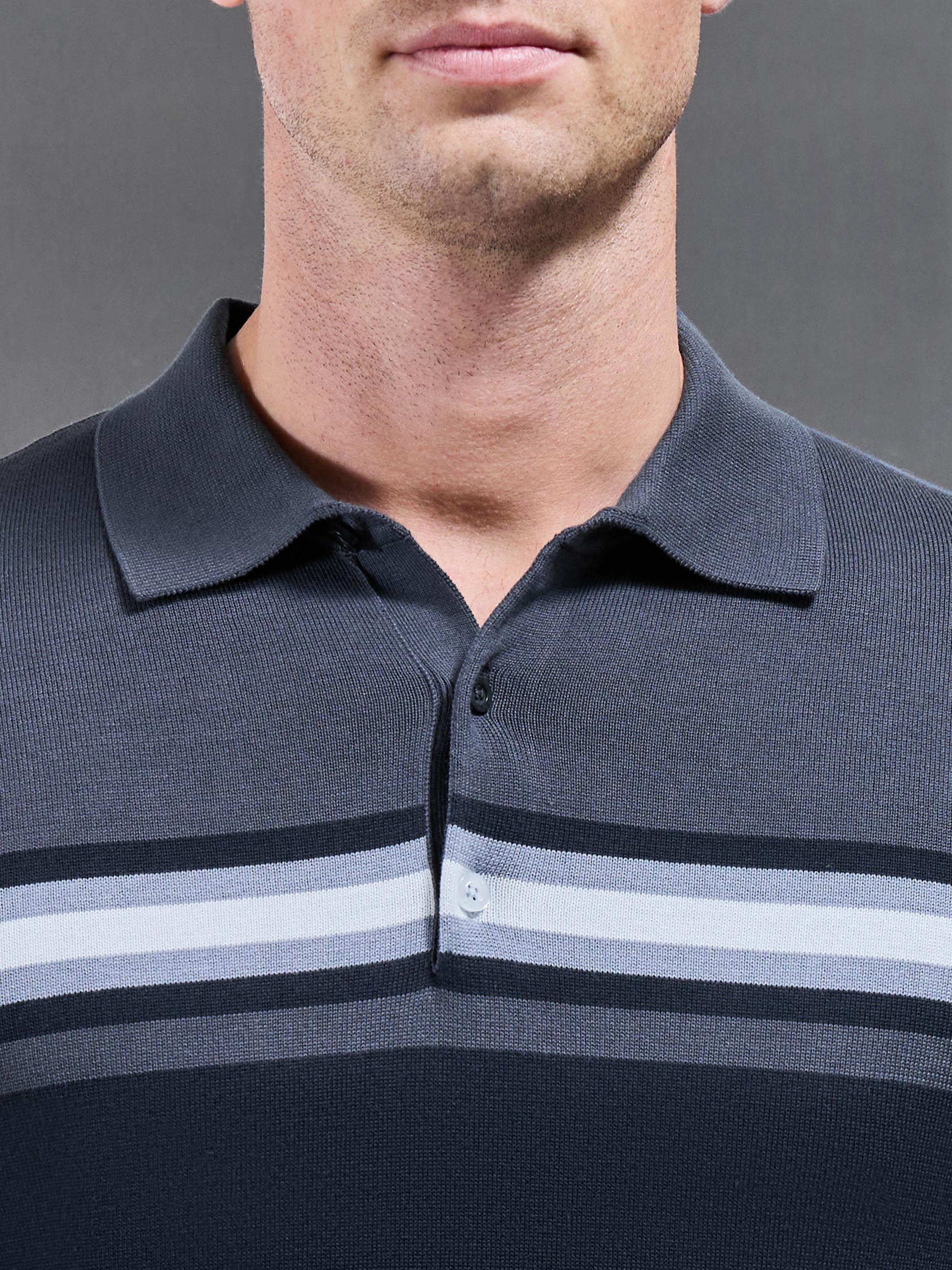 Cotton Knitted Colour Block Button Polo Shirt in Navy - Image 5