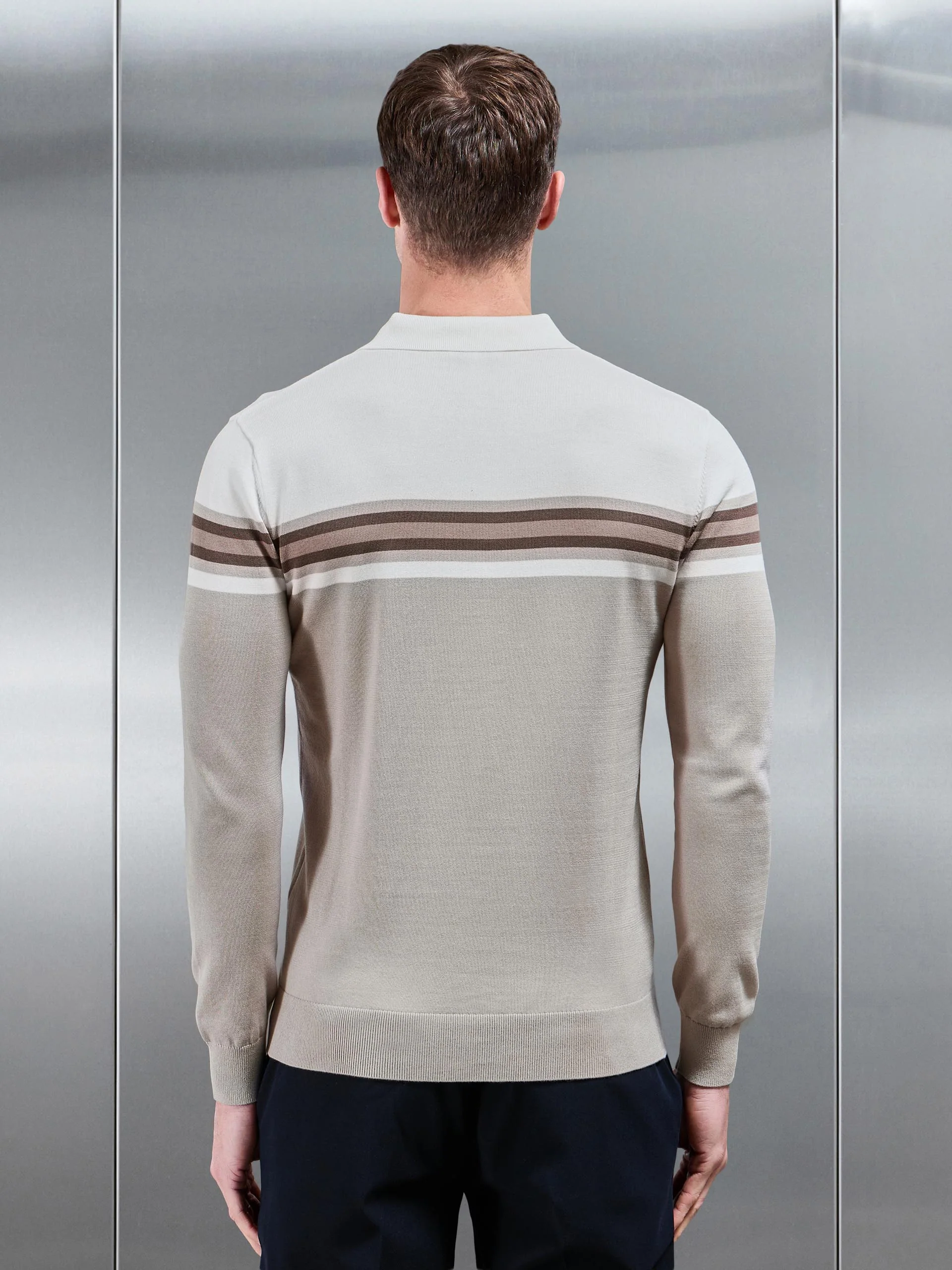 Cotton Knitted Colour Block Button Polo Shirt in Taupe - Image 3