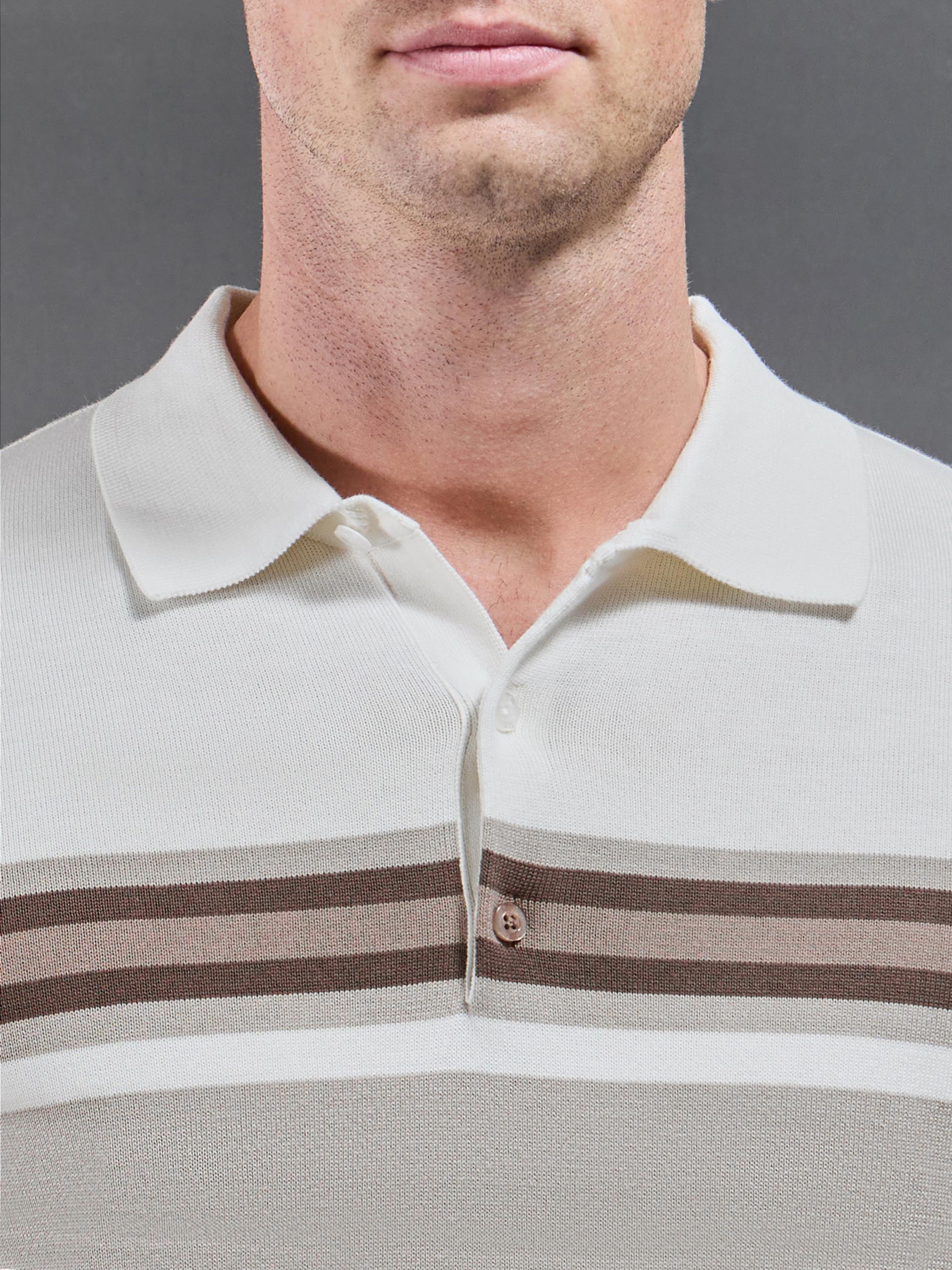 Cotton Knitted Colour Block Button Polo Shirt in Taupe - Image 4