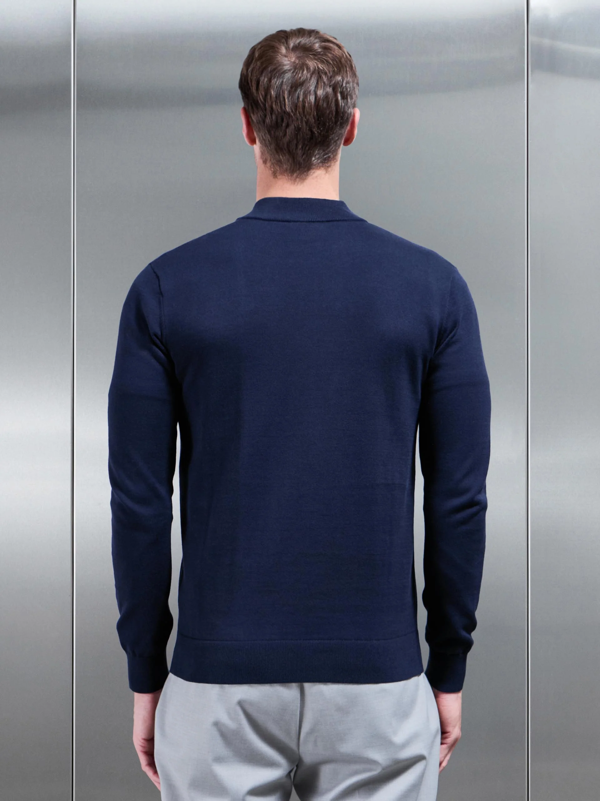 Cotton Knitted Colour Block Half Zip in Navy - Image 3