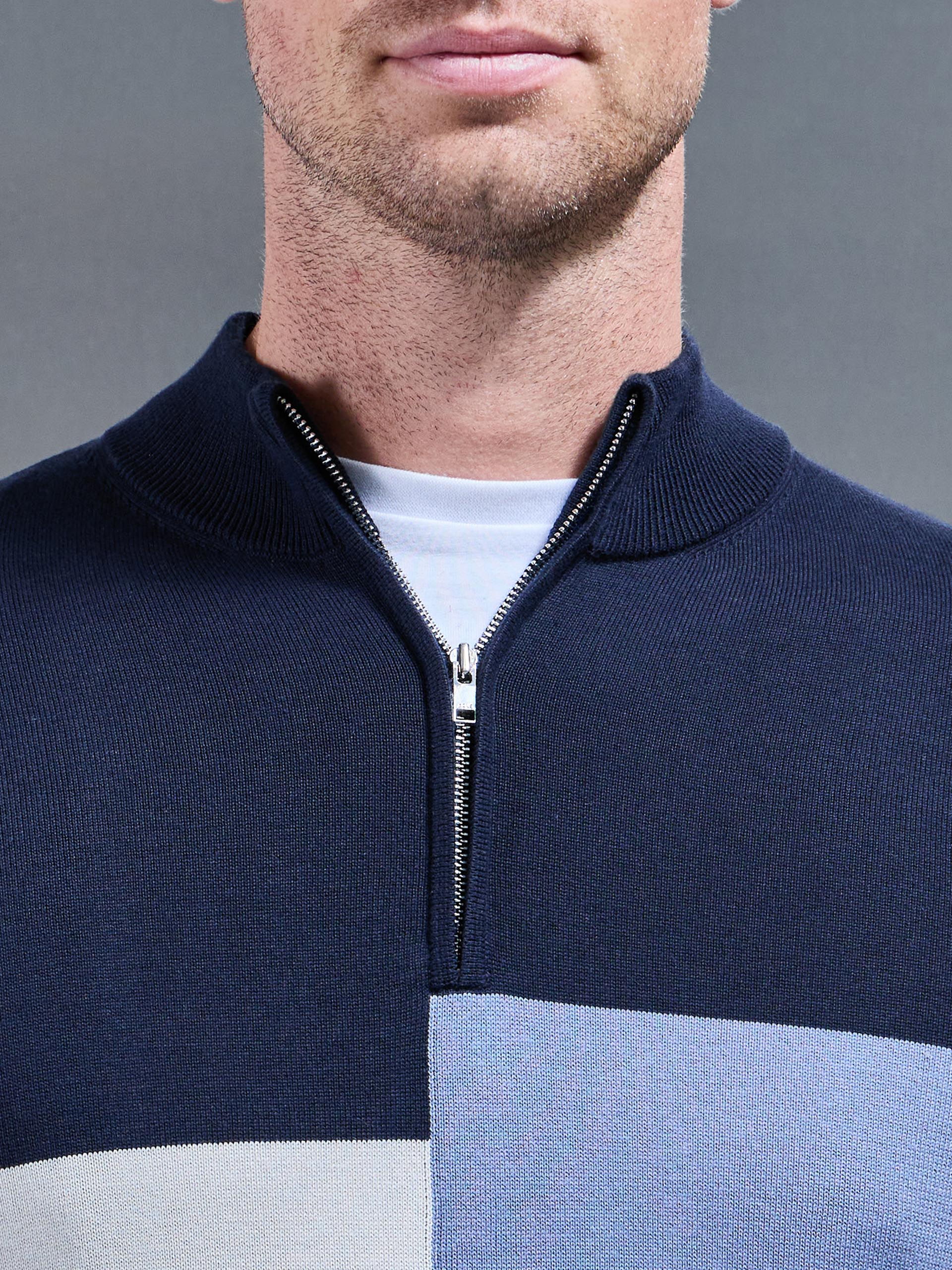 Cotton Knitted Colour Block Half Zip in Navy - Image 4