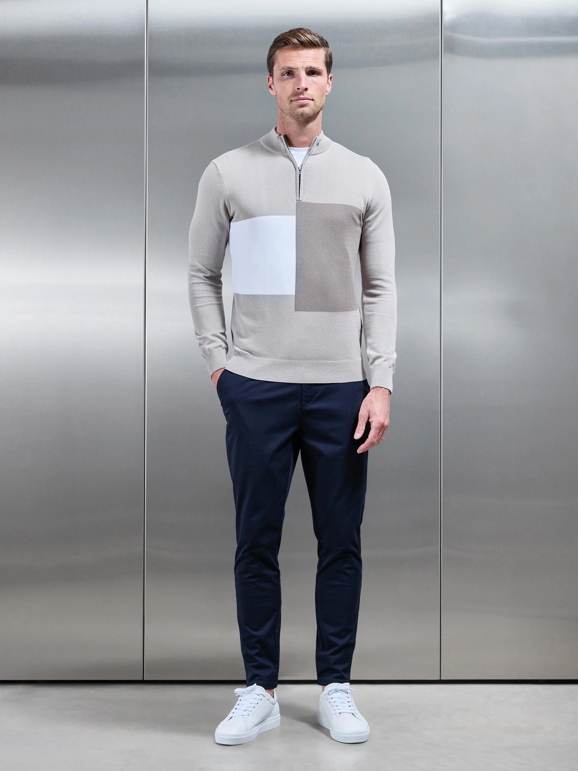 Cotton Knitted Colour Block Half Zip in Stone - Image 2