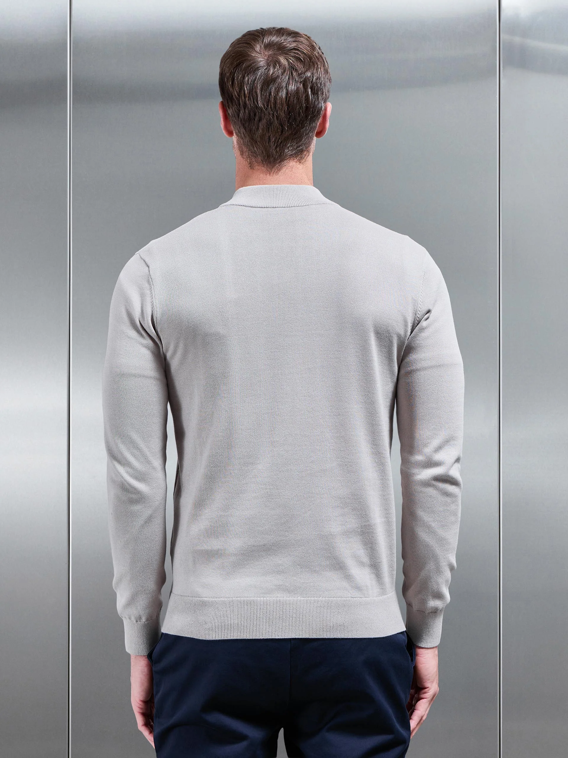 Cotton Knitted Colour Block Half Zip in Stone - Image 3