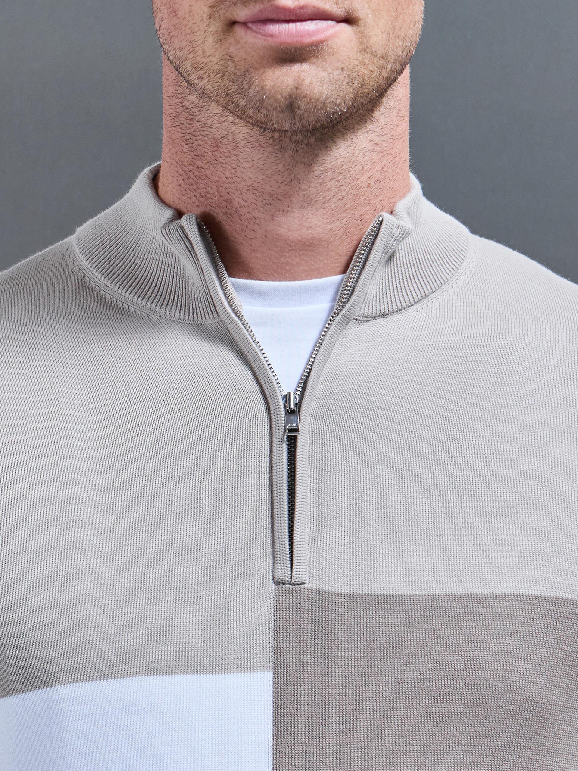 Cotton Knitted Colour Block Half Zip in Stone - Image 4