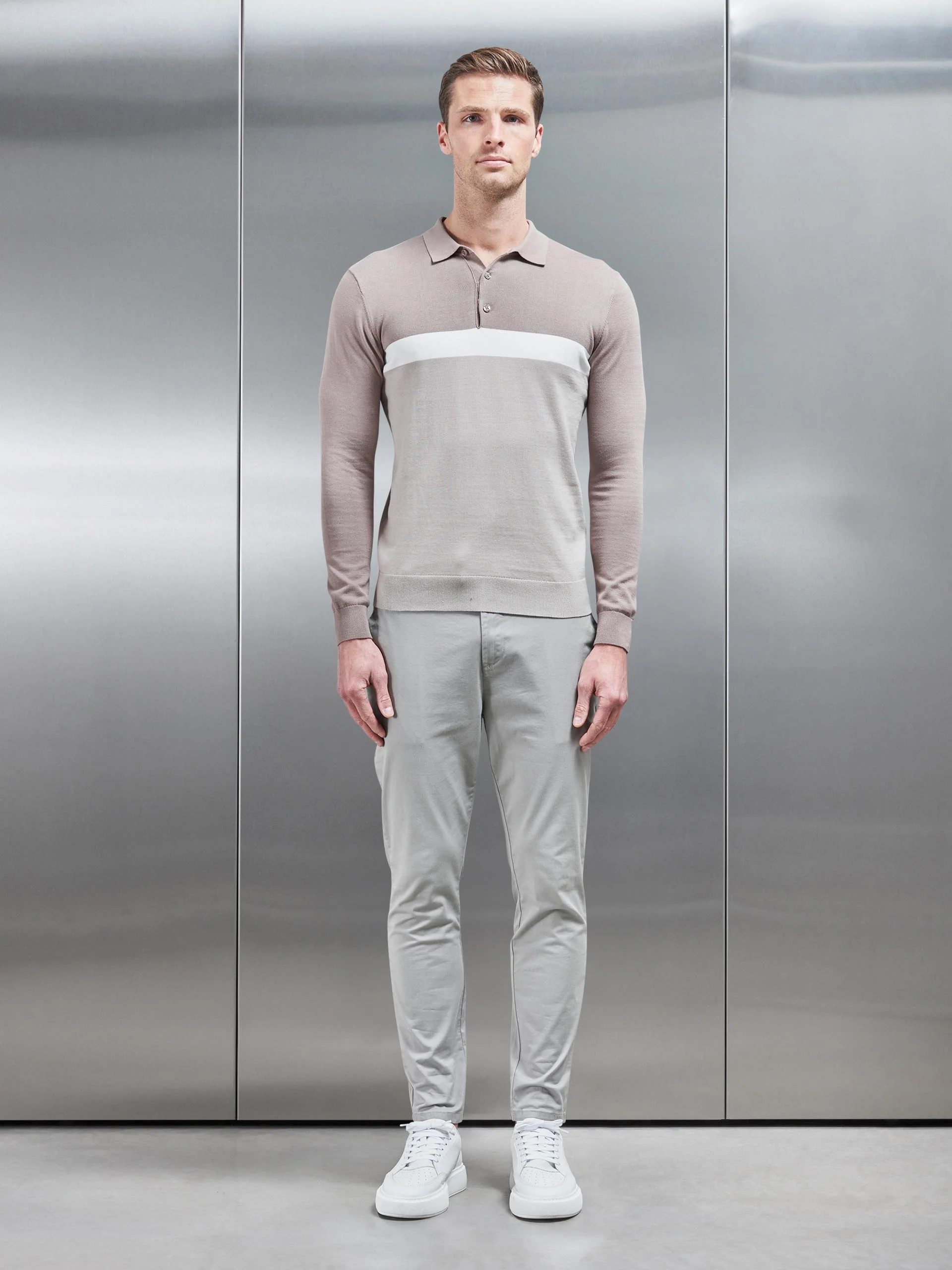 Cotton Knitted Colour Block Polo Shirt in Taupe - Image 2