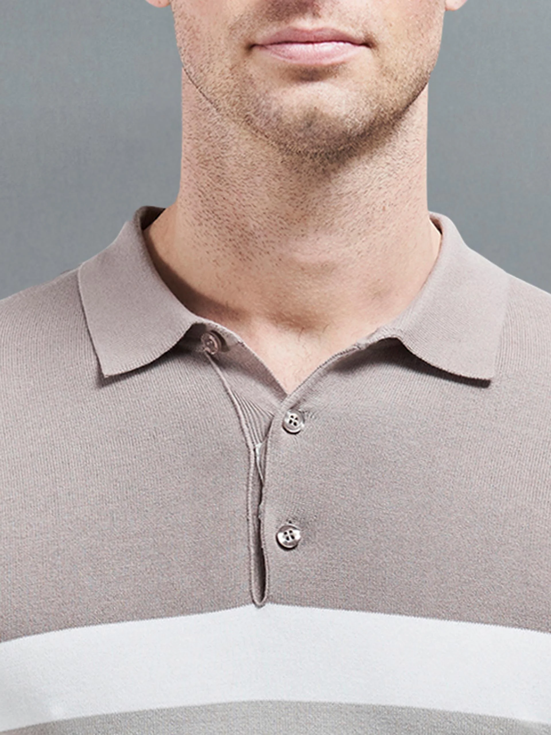 Cotton Knitted Colour Block Polo Shirt in Taupe - Image 3