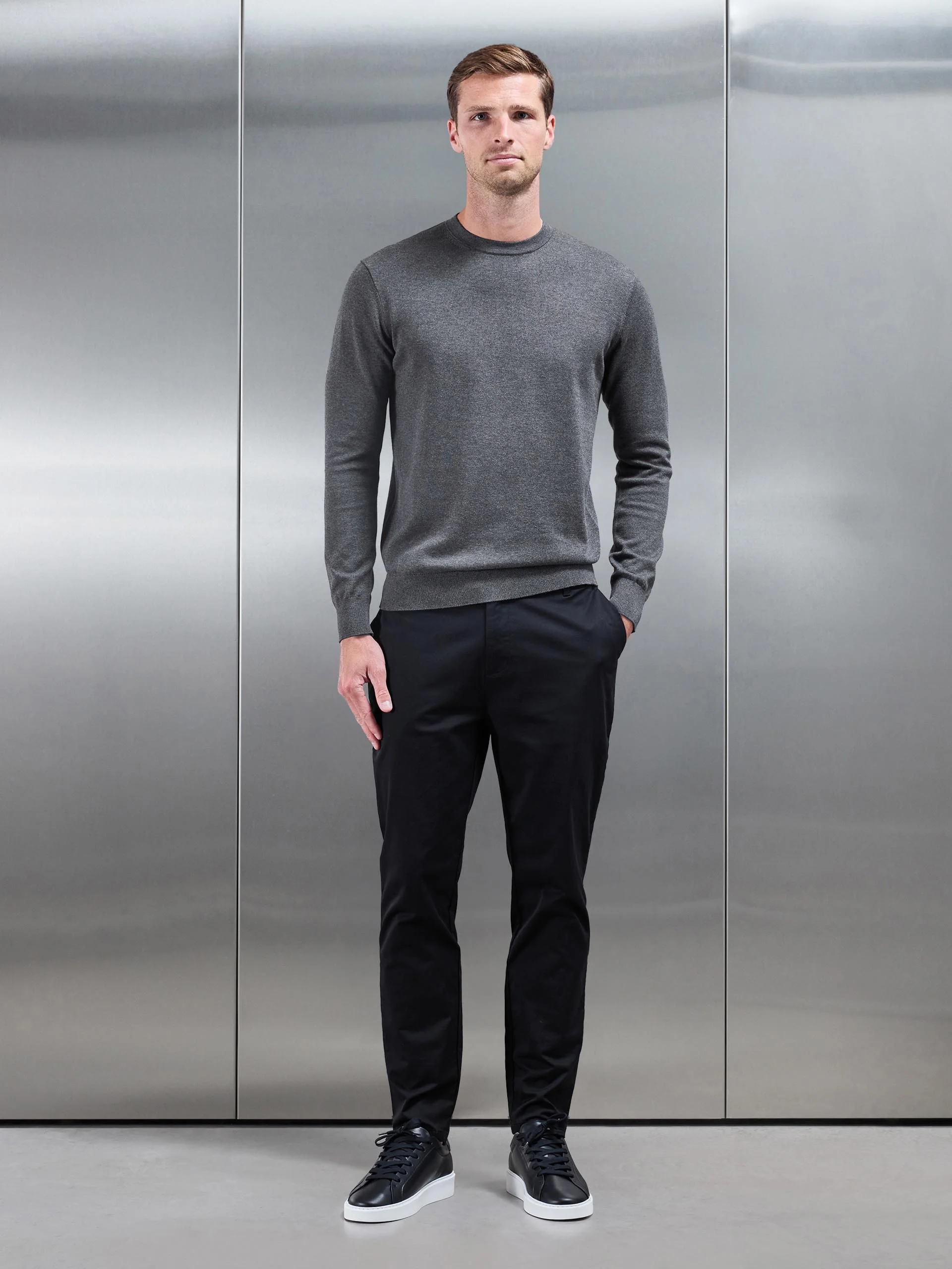 Cotton Knitted Crew Neck Sweatshirt in Charcoal Marl - Image 2