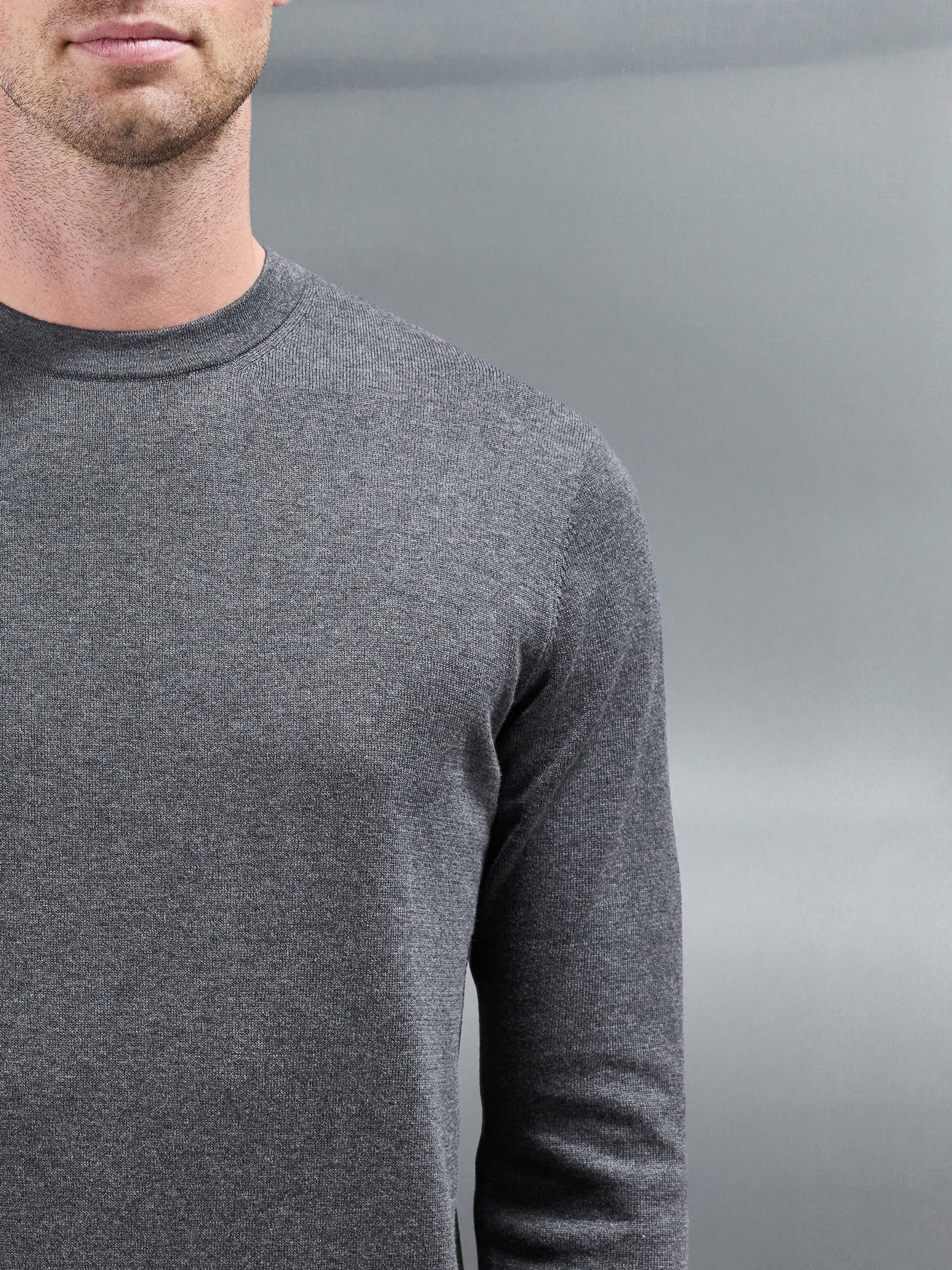 Cotton Knitted Crew Neck Sweatshirt in Charcoal Marl - Image 3