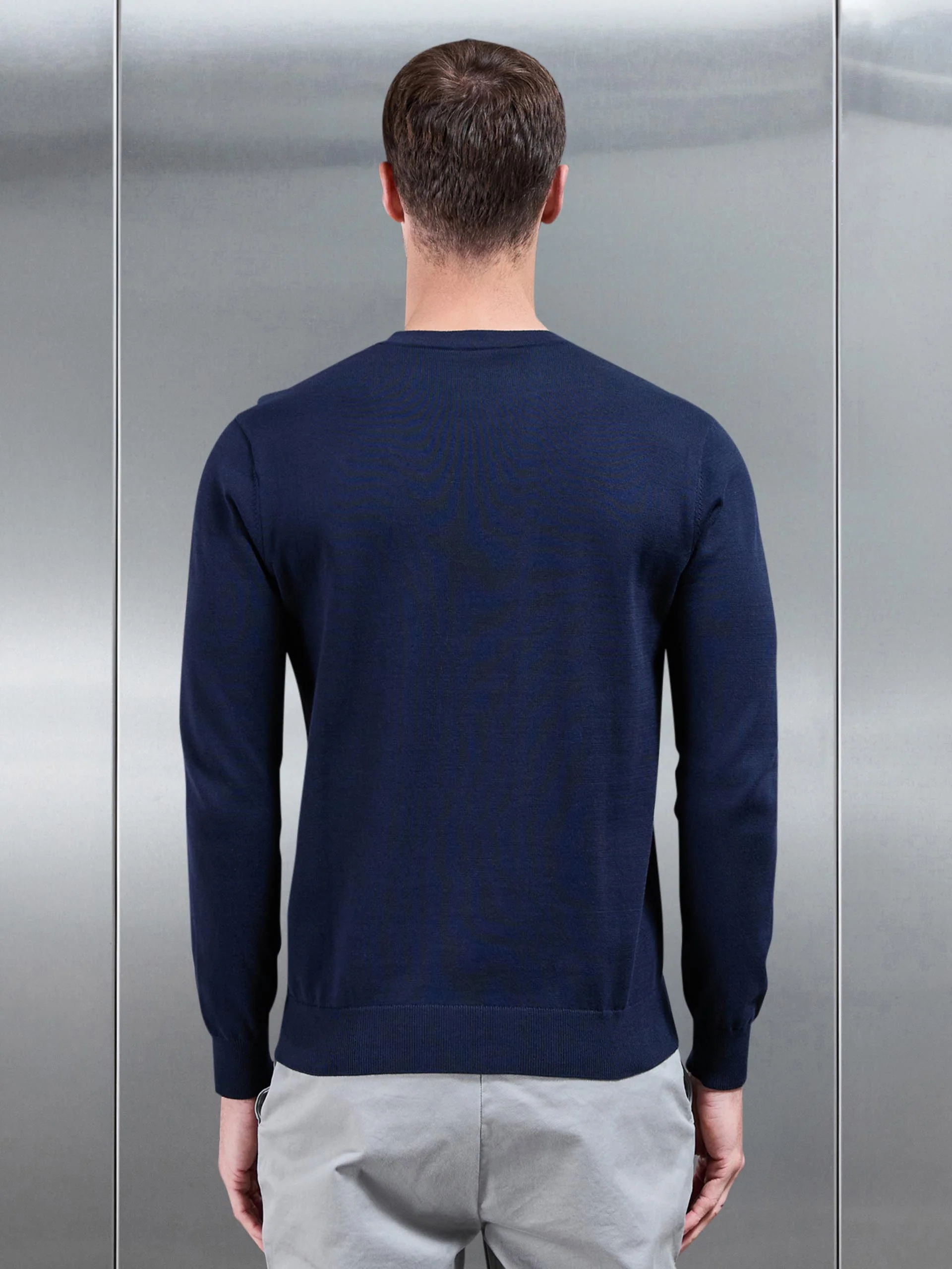Cotton Knitted Crew Neck Sweatshirt in Navy - Image 3