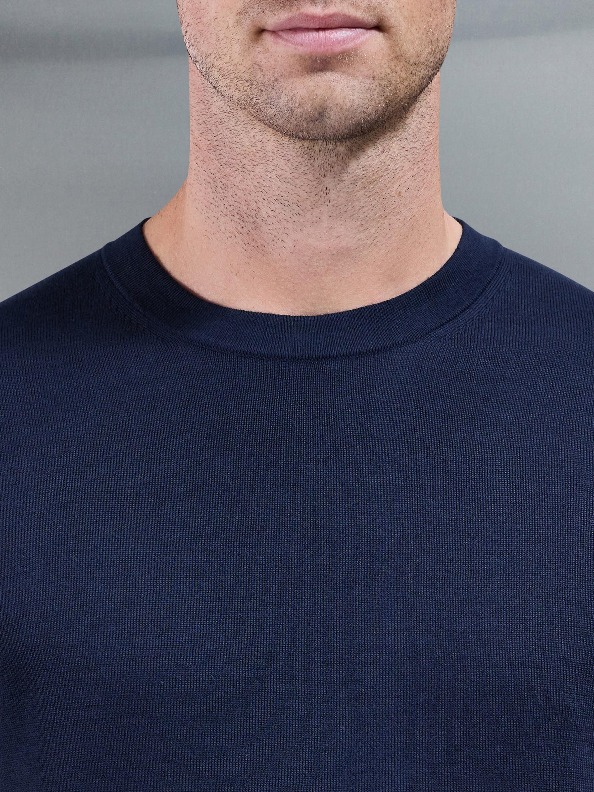 Cotton Knitted Crew Neck Sweatshirt in Navy - Image 4